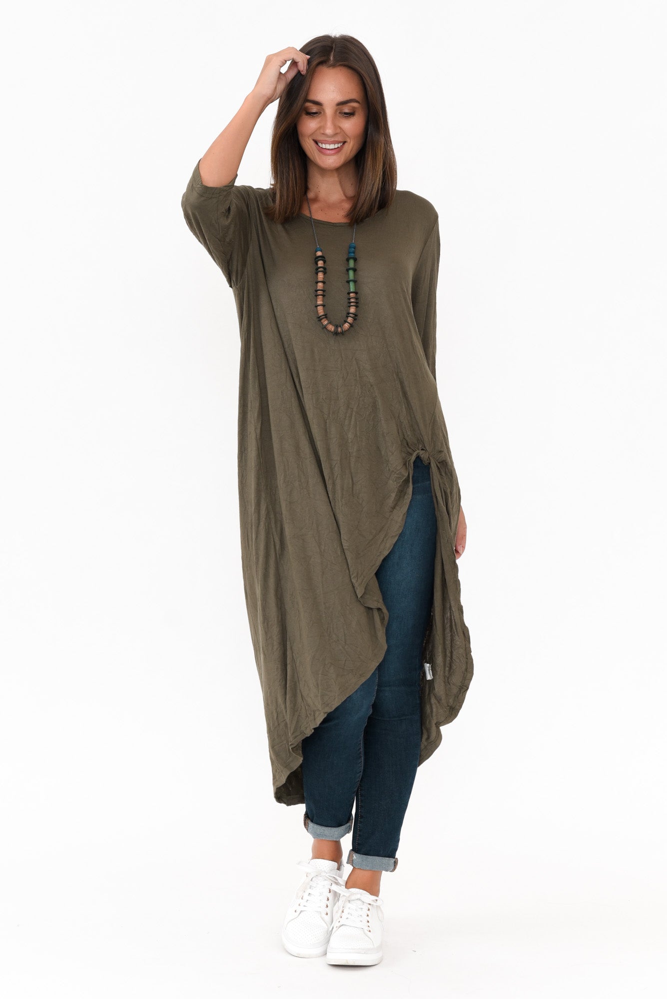 Khaki Crinkle Cotton Asymmetric Tunic