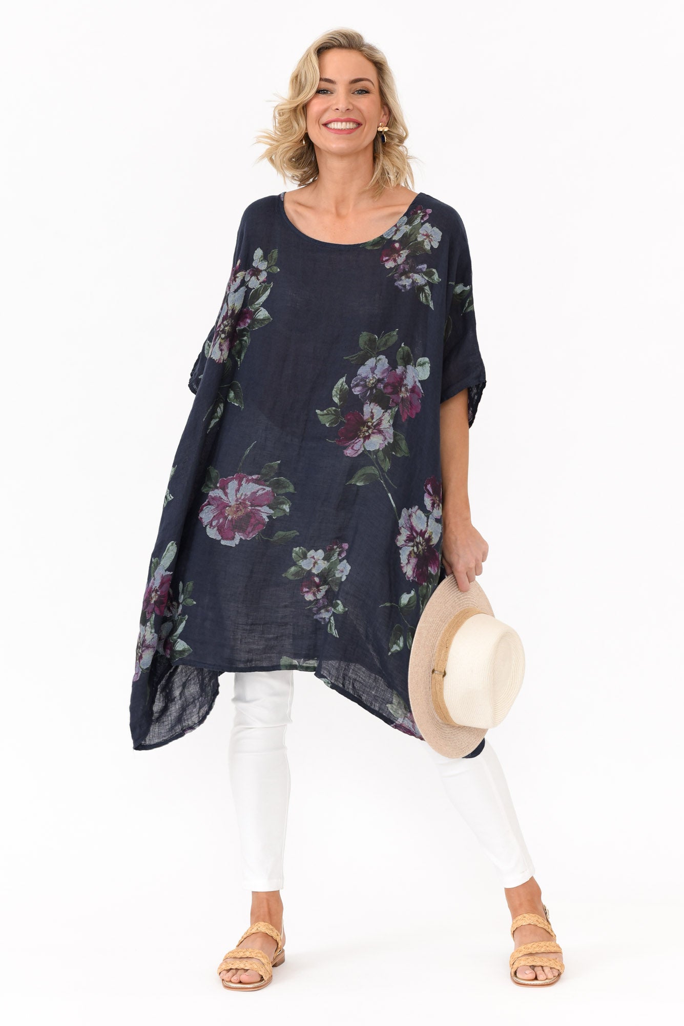 Noemi Navy Floral Linen Kaftan Tunic