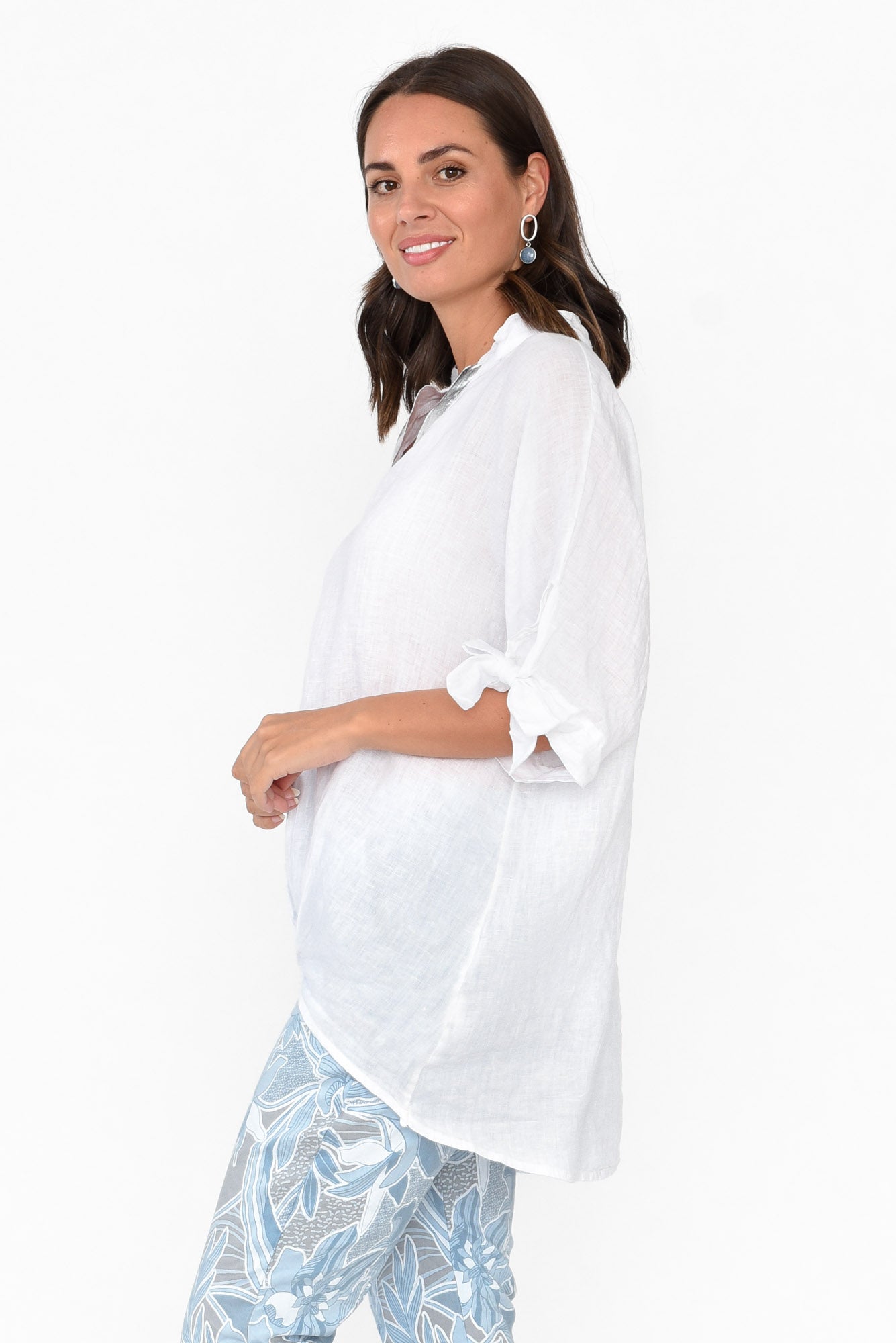 Pierce White Foil Linen V Neck Top