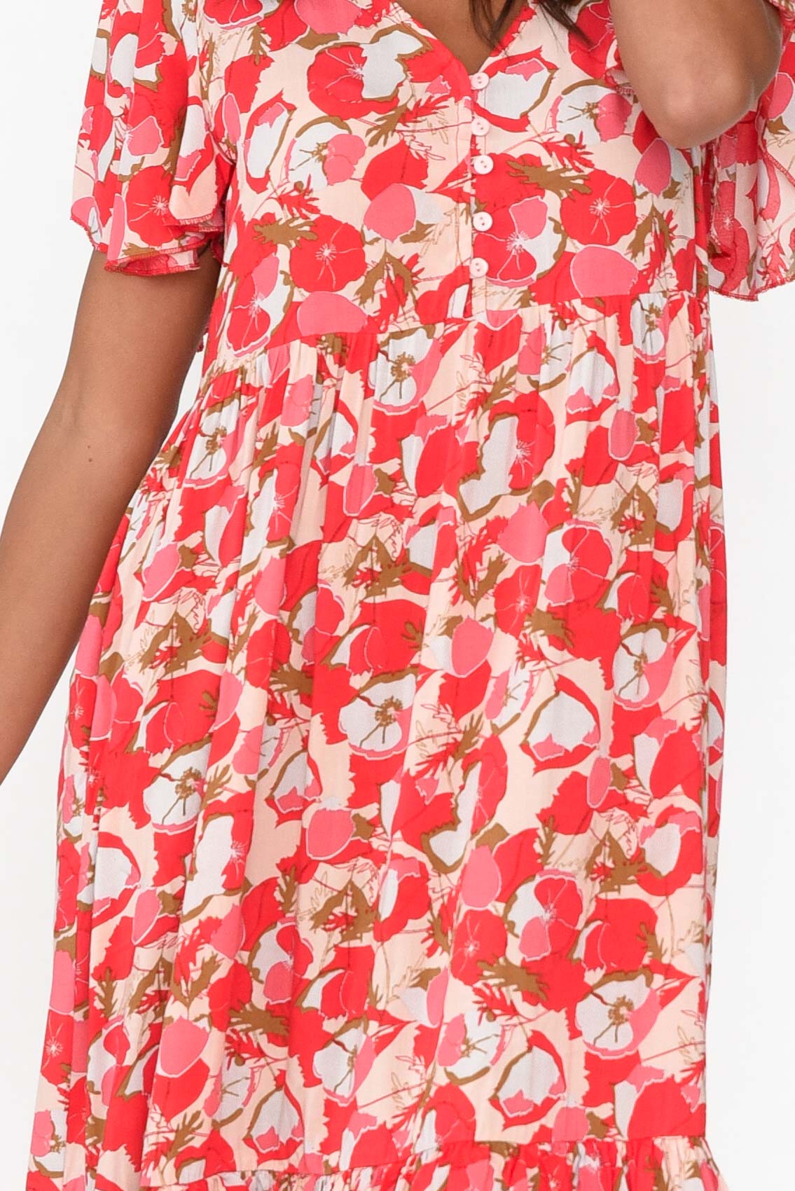 Akira Red Bloom Button Tier Dress