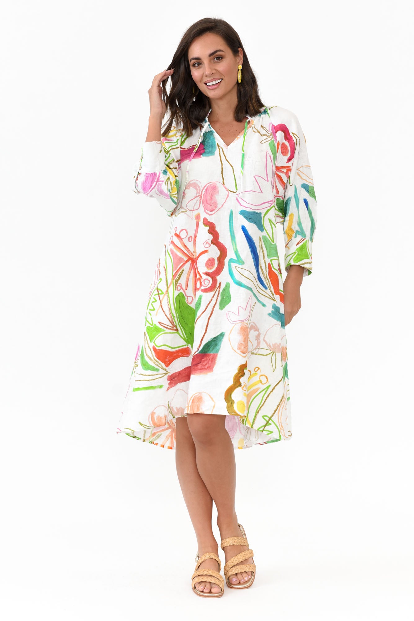 Bacall White Abstract Linen Dress