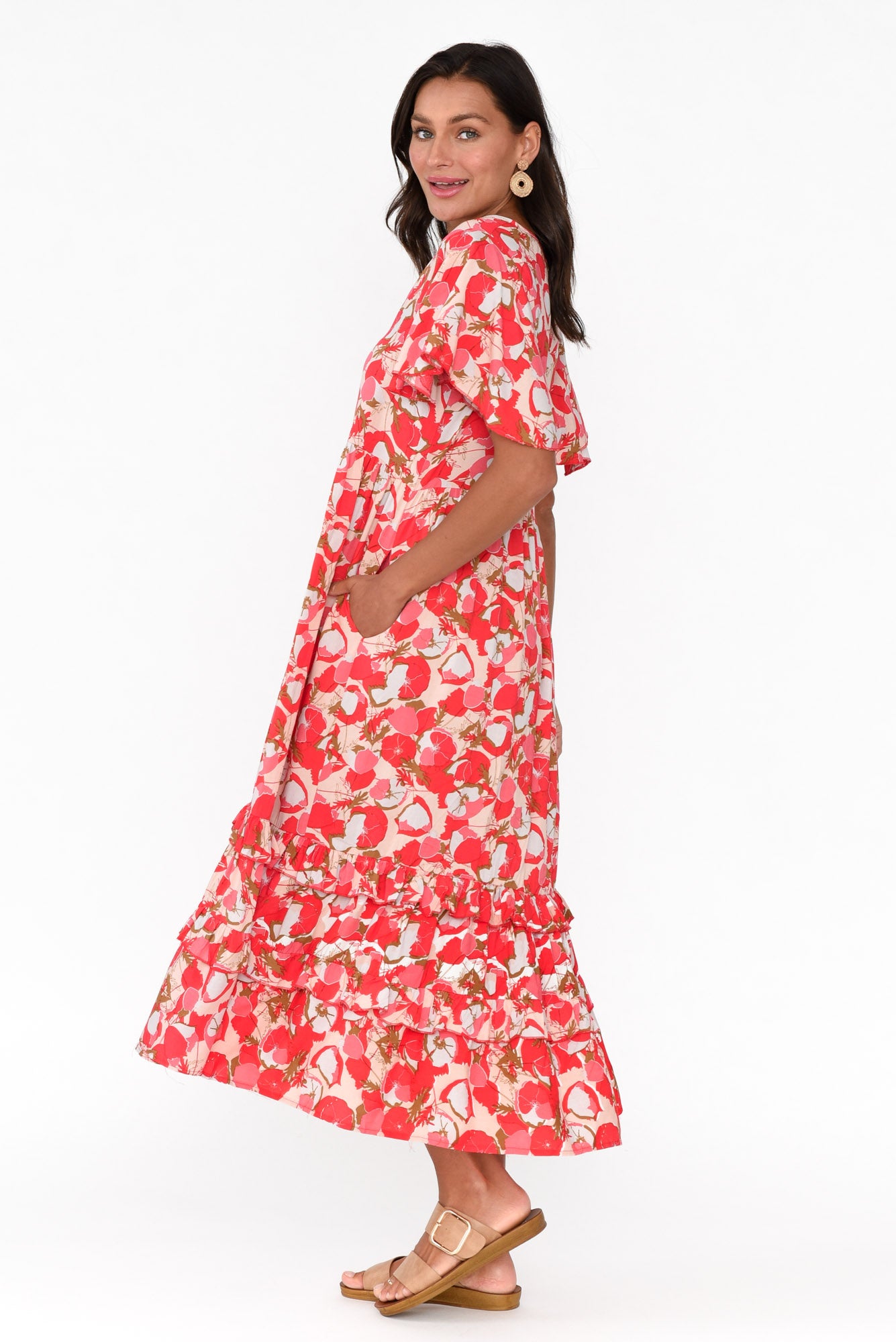 Akira Red Bloom Button Tier Dress