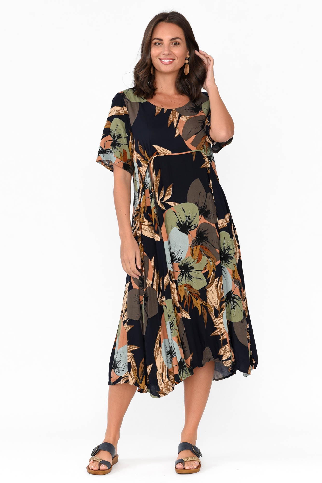 Yazi Navy Abstract Pocket Midi Dress