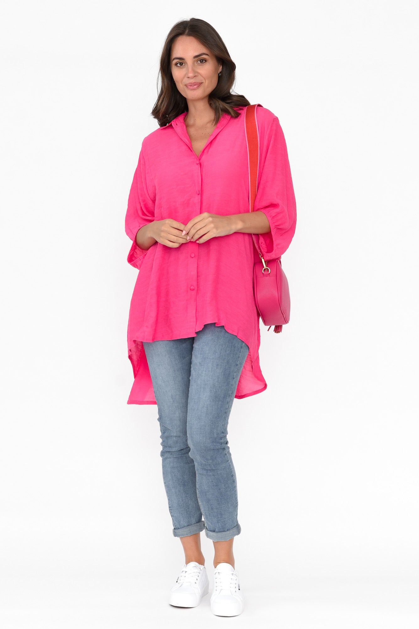 Hot Pink Cotton Blend Hi Lo Shirt