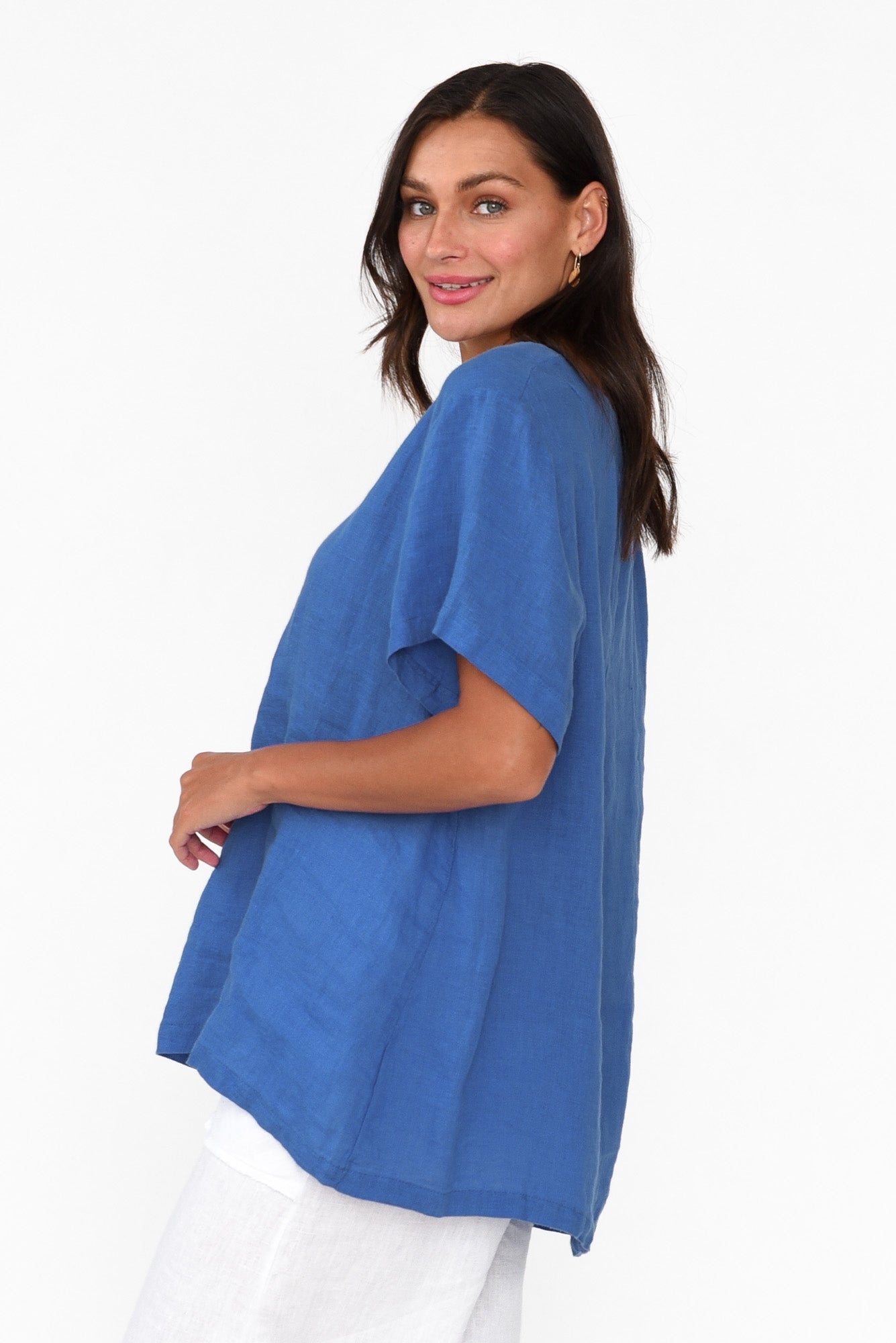 Micah Cobalt Linen Scoop Neck Top