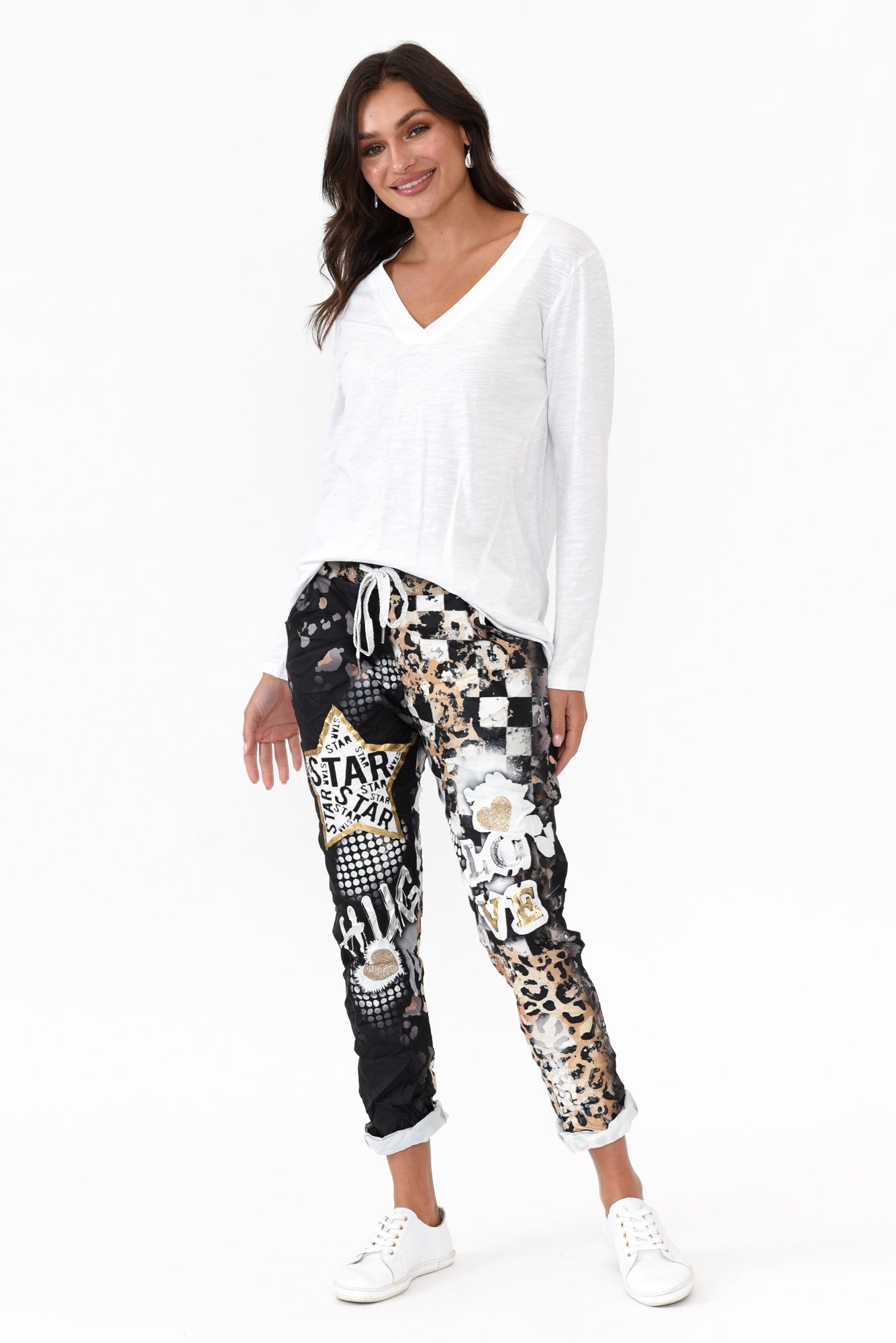 Isla White Cotton V Neck Sleeved Tee