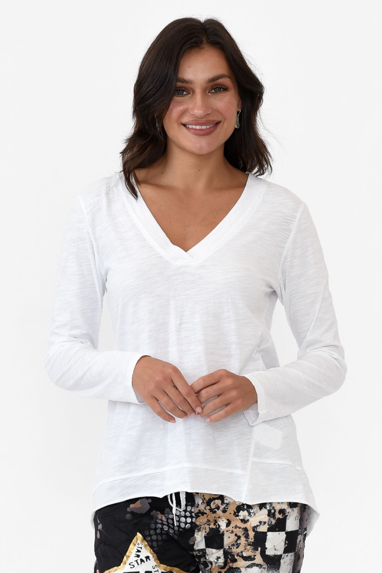 Isla White Cotton V Neck Sleeved Tee