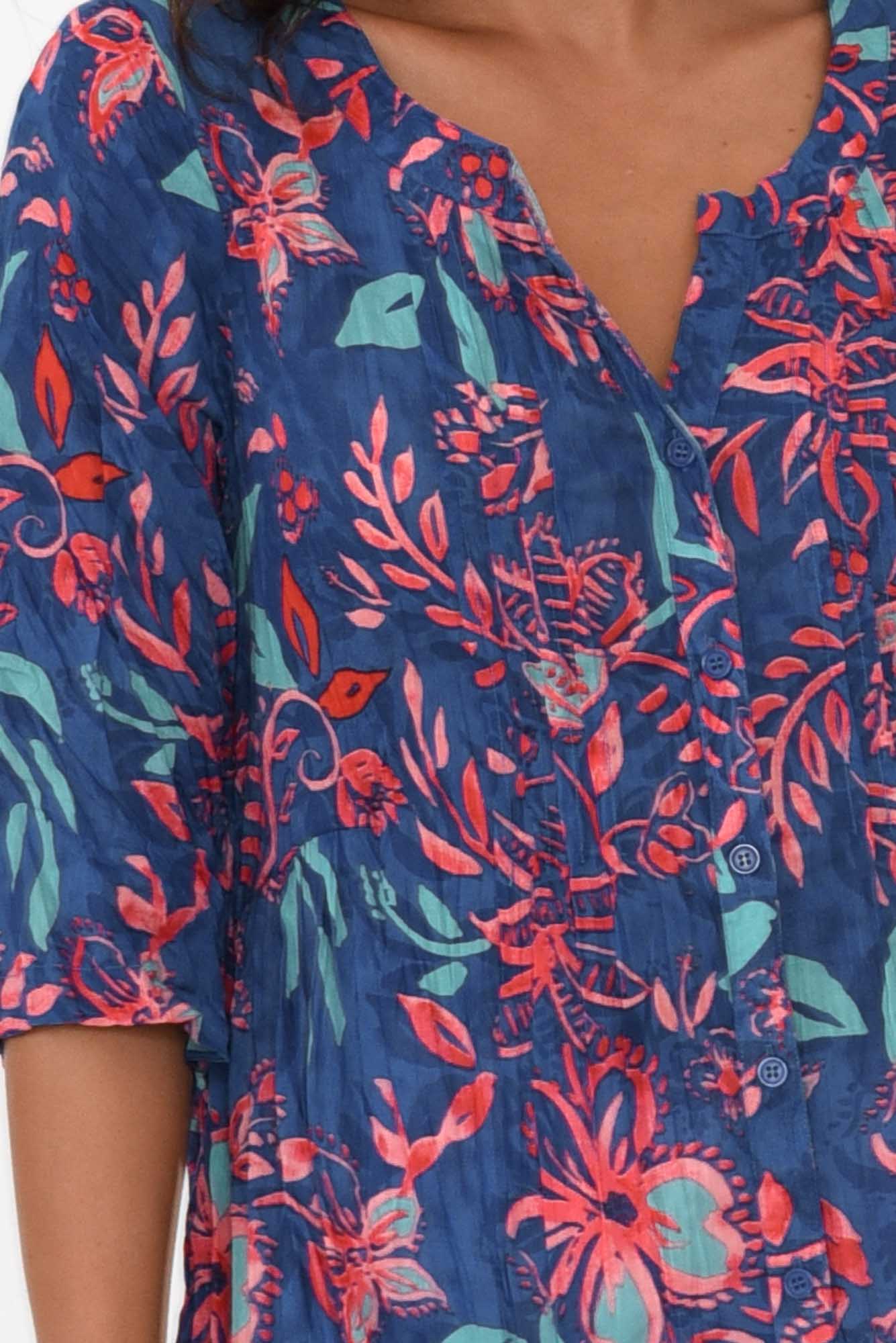 Indra Blue Garden Cotton Tunic Top