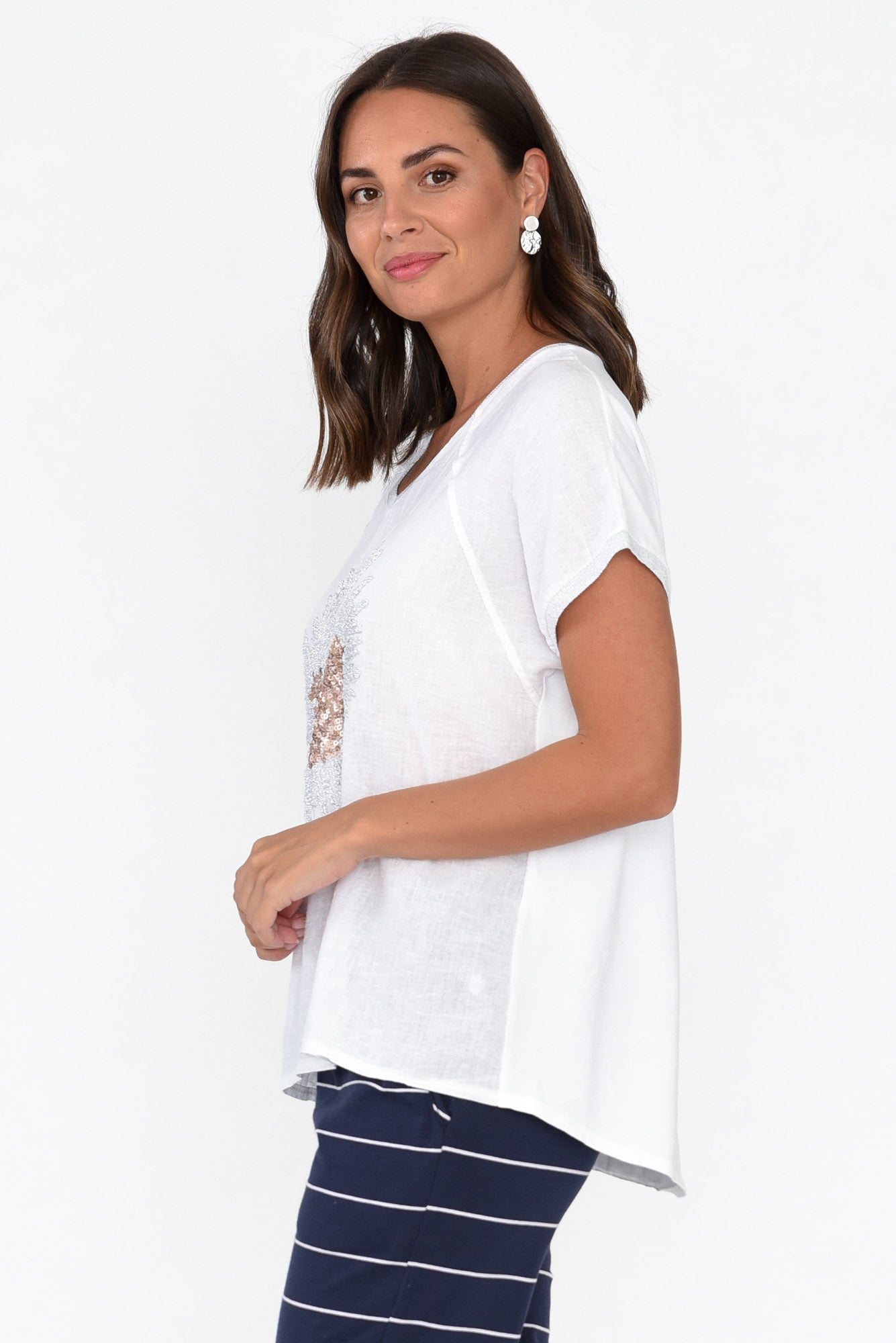 Candela White Sequin Heart Linen Top