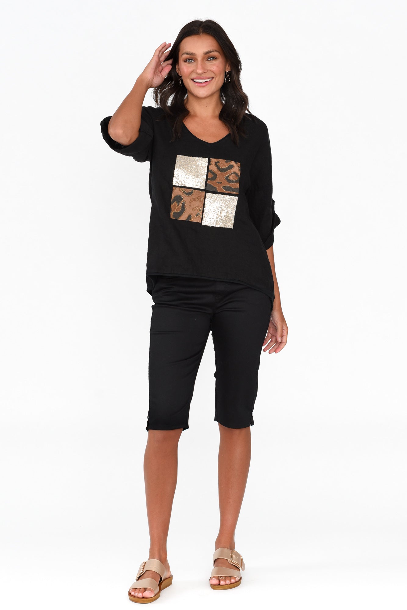 Pavla Black Leopard Linen V Neck Top