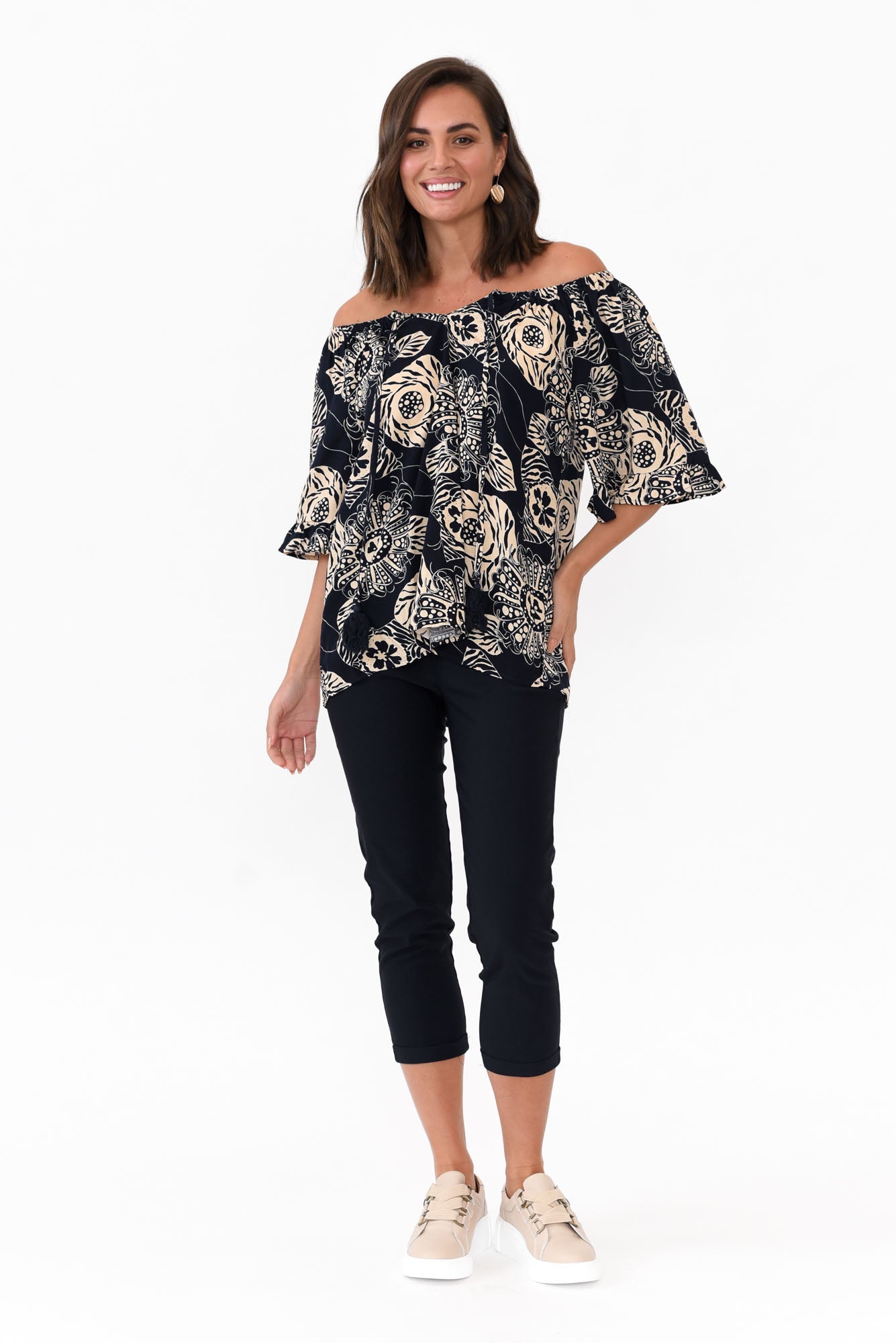 Leora Navy Flower Frill Top