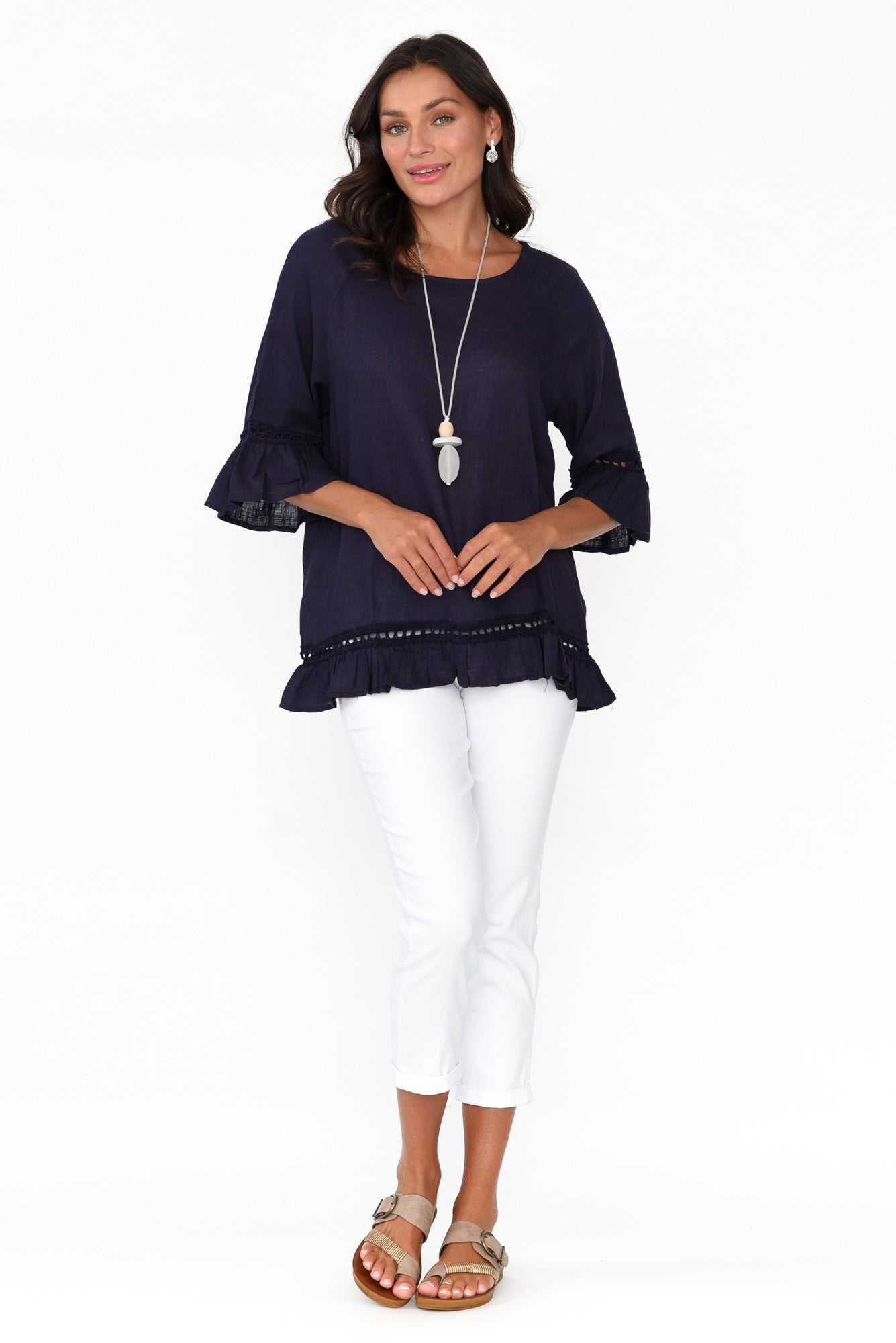 Tinker Navy Linen Cotton Ruffle Top