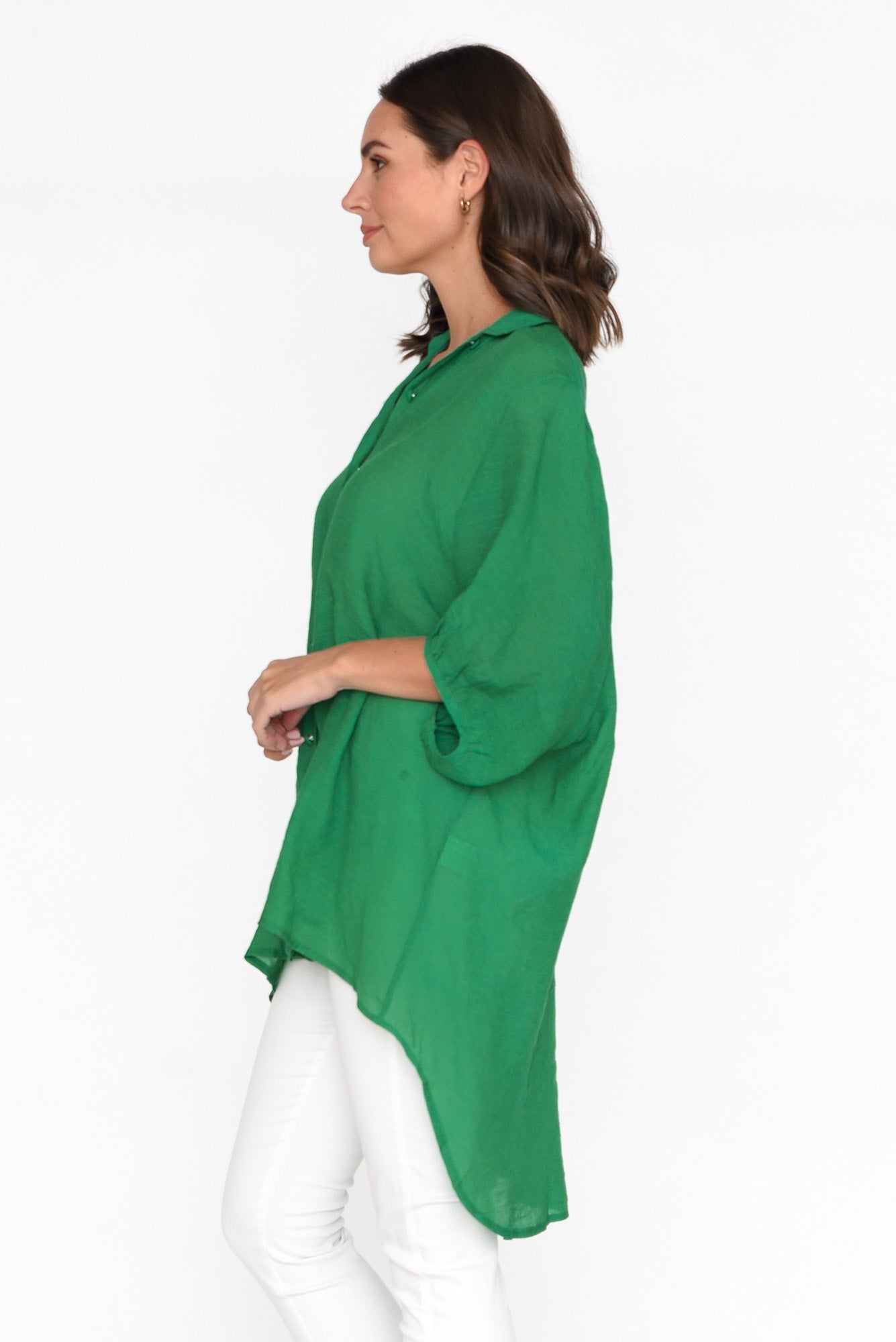 Green Cotton Blend Hi Lo Shirt
