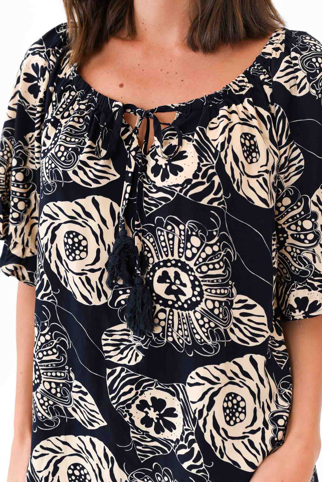 Leora Navy Flower Frill Top