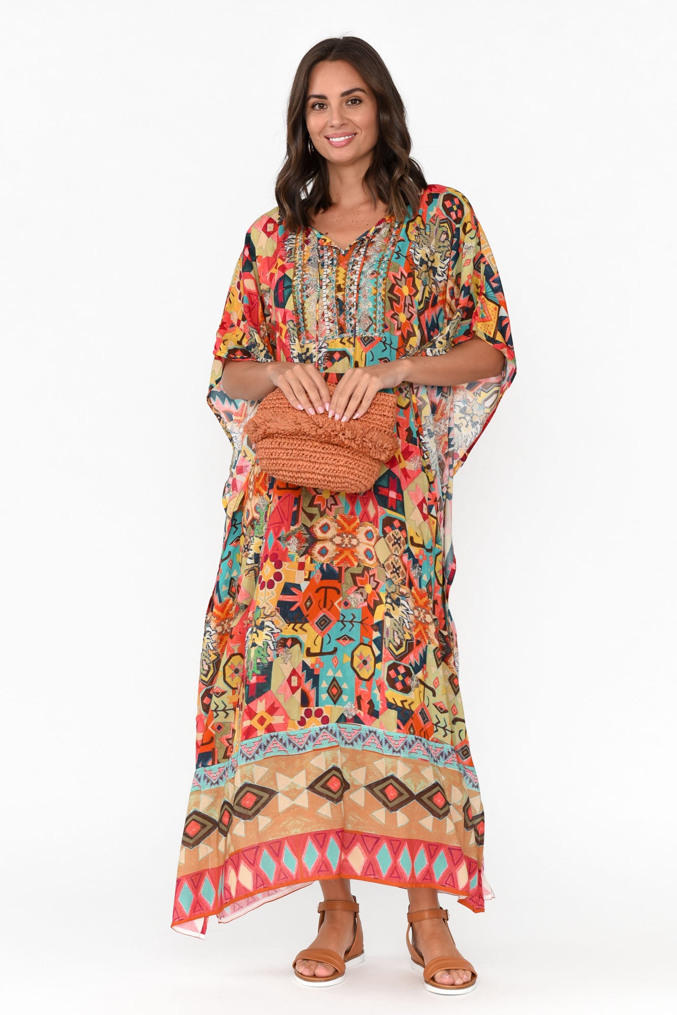 Caroline Orange Abstract Tassel Kaftan
