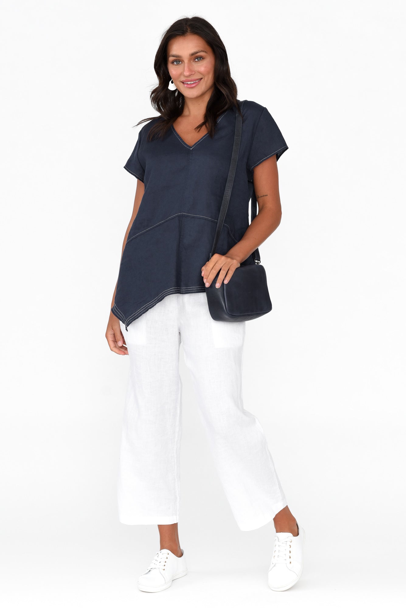 Lindy Navy Linen V Neck Top