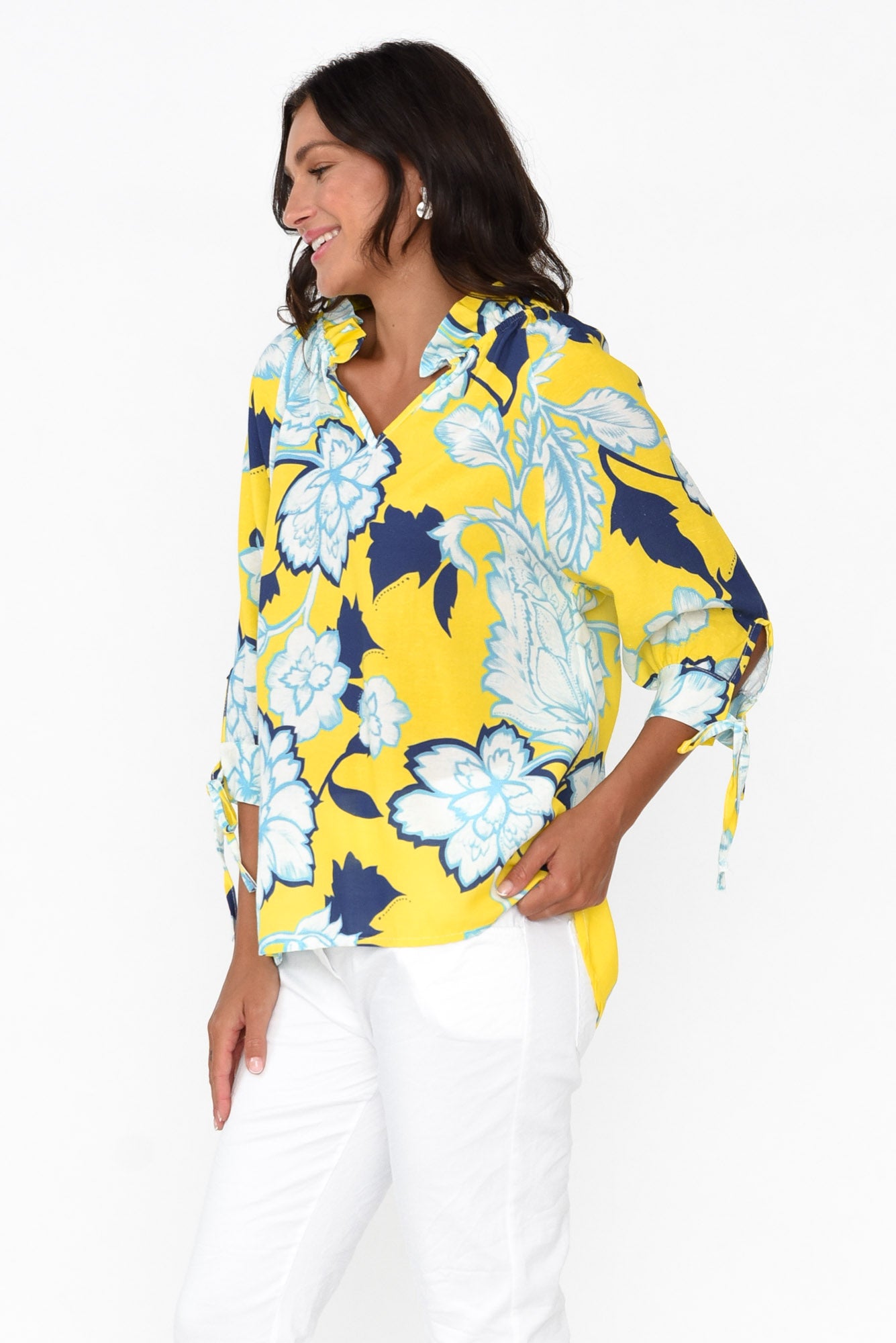 Hebe Yellow Floral Linen Blend Top