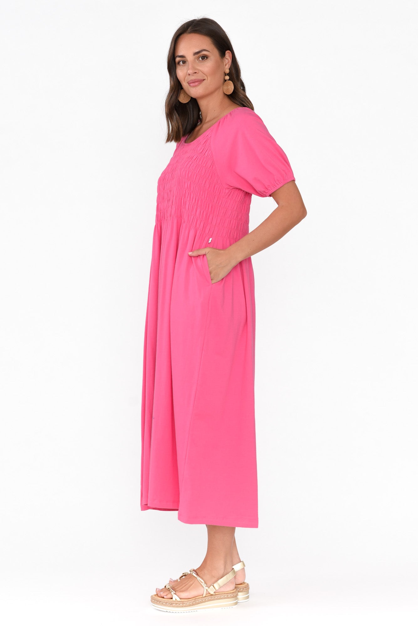 Vancouver Pink Cotton Shirred Dress