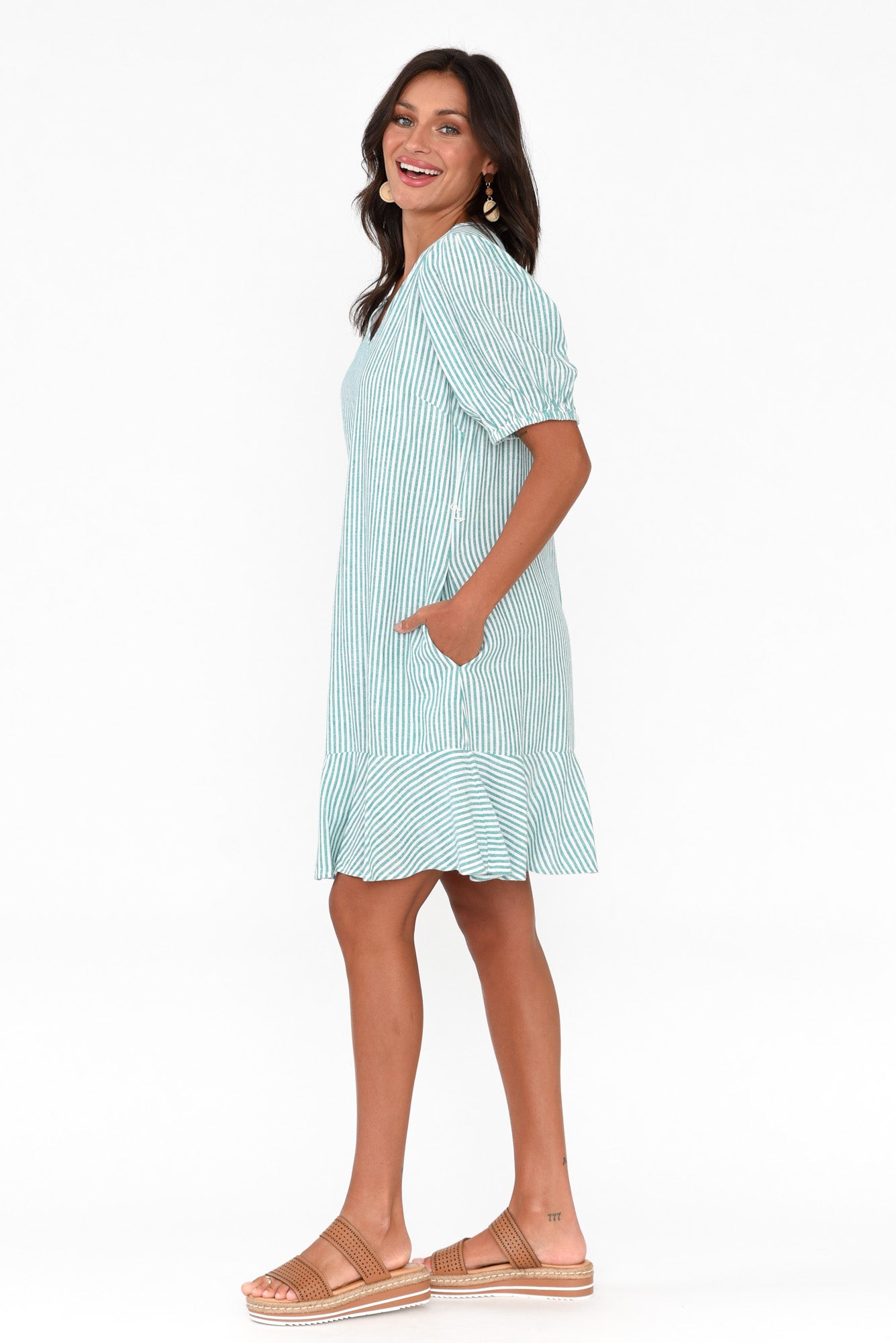 Birdie Teal Stripe Linen Blend Dress