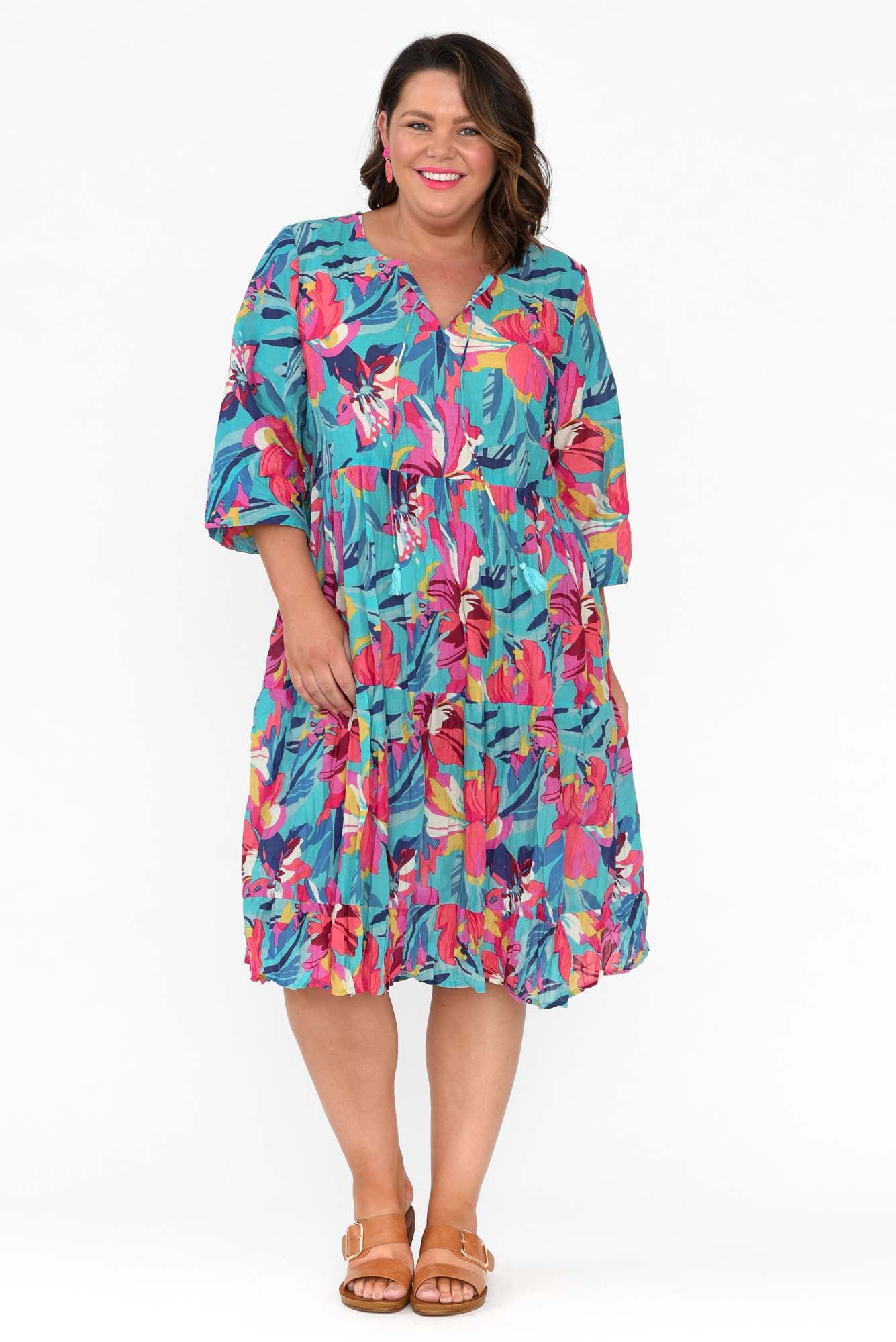 Layla Blue Bloom Crinkle Cotton Dress