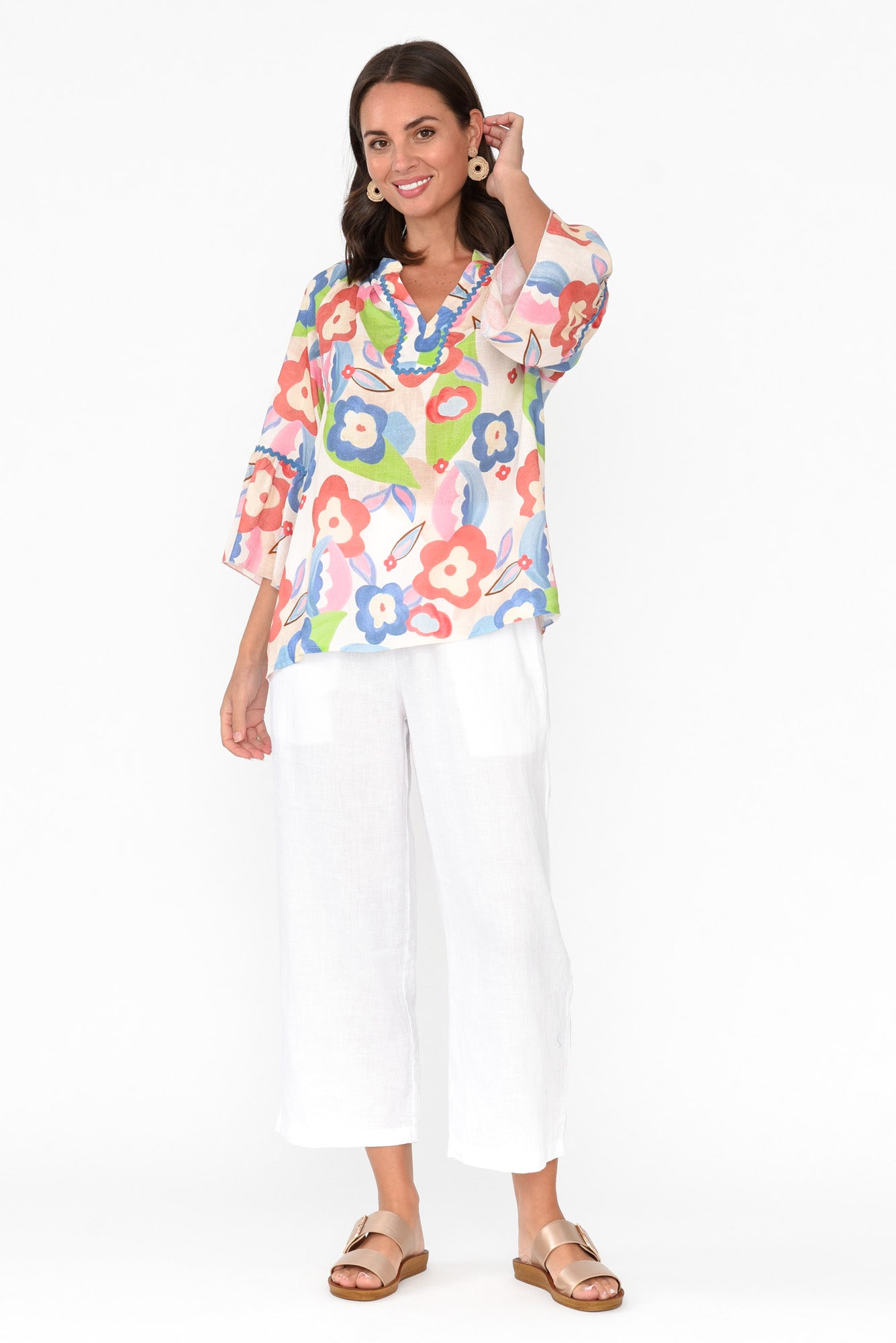 Wilda Blue Floral Linen Cotton Top