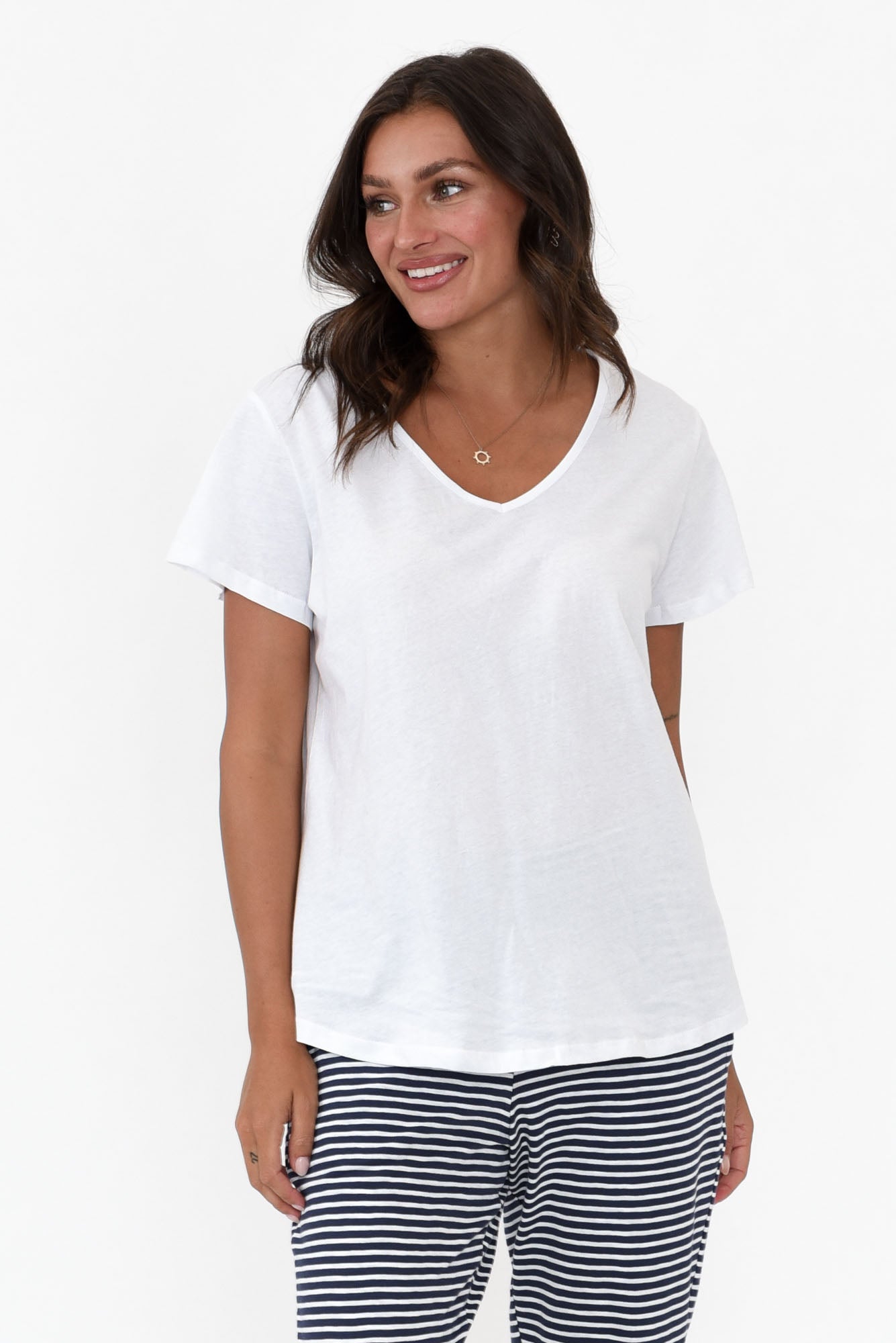 Ava White Cotton V Neck Tee