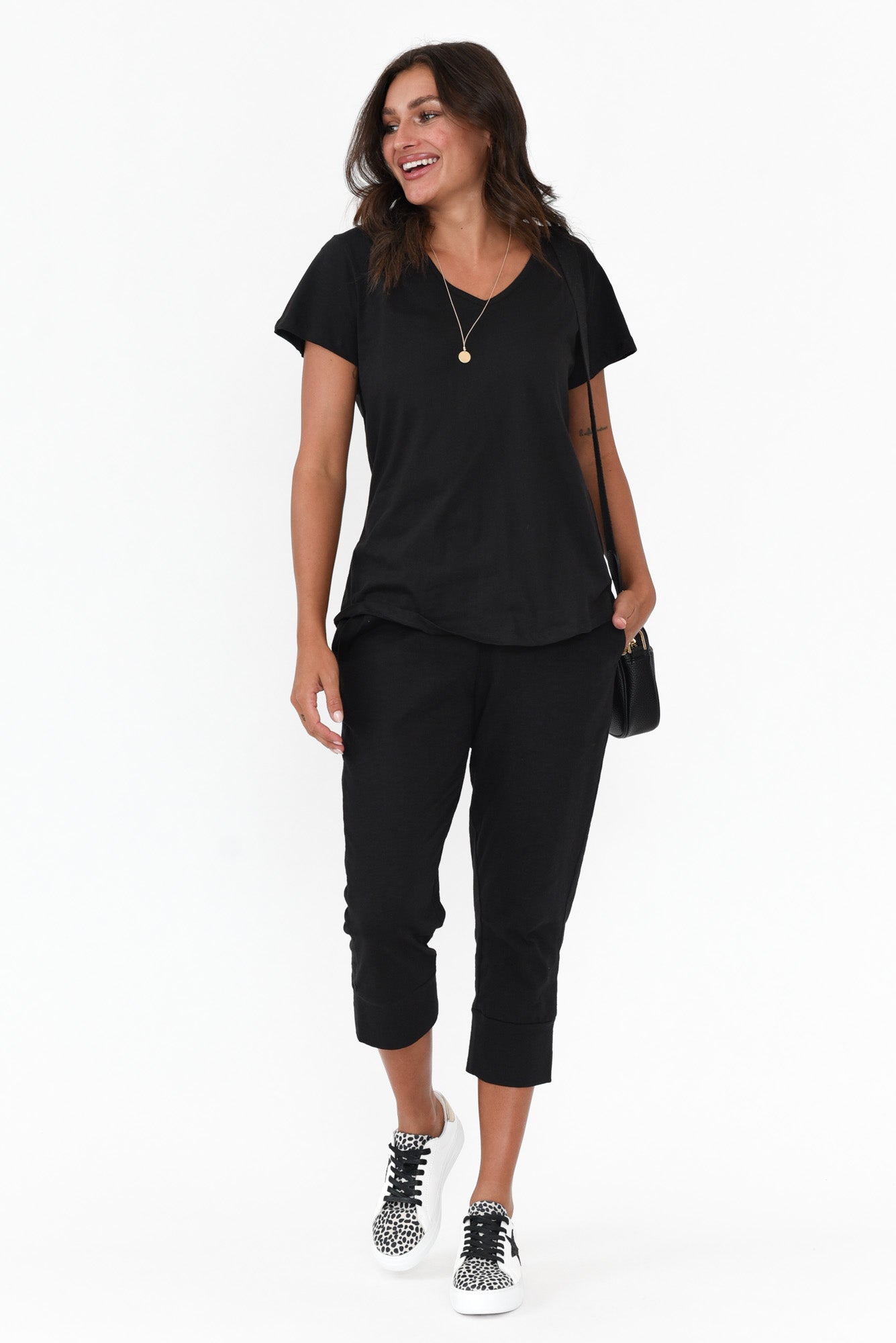 Ava Black Cotton V Neck Tee