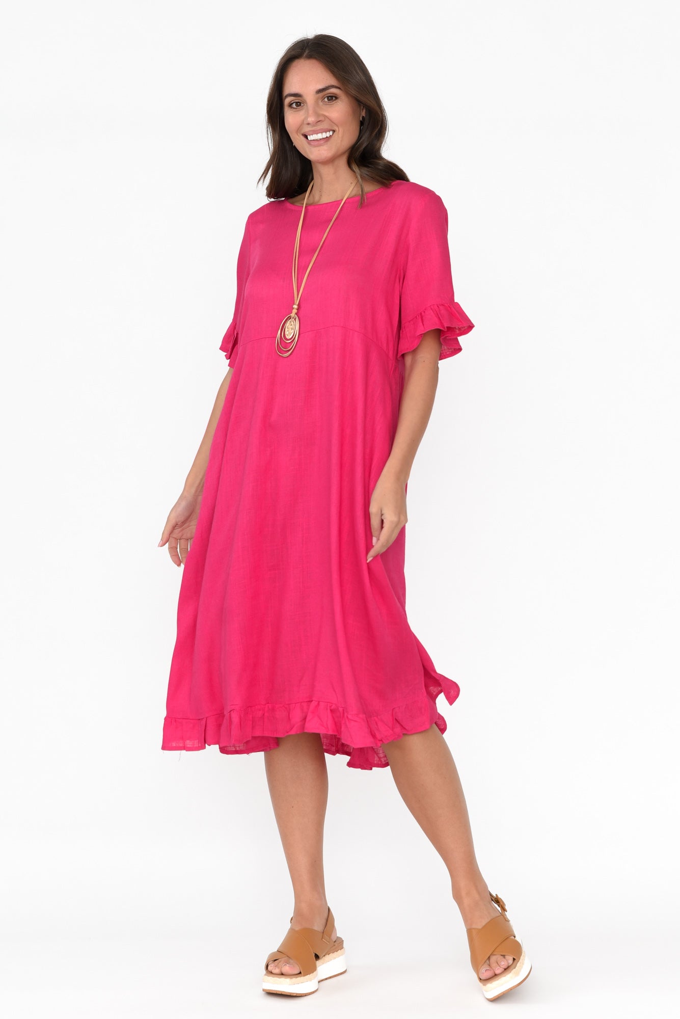 Tamsen Hot Pink Linen Cotton Ruffle Dress