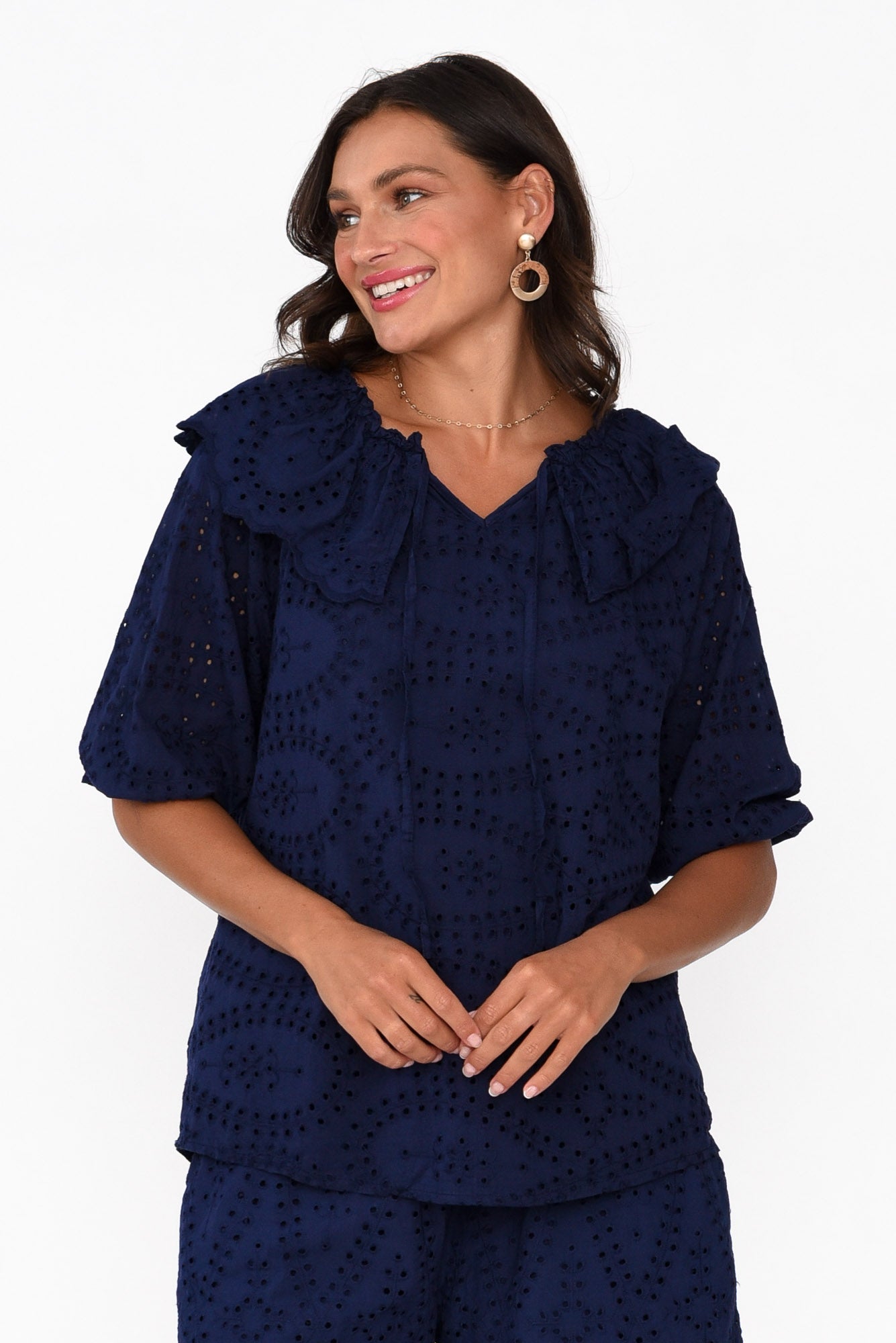 Elowen Navy Embroidered Cotton Top
