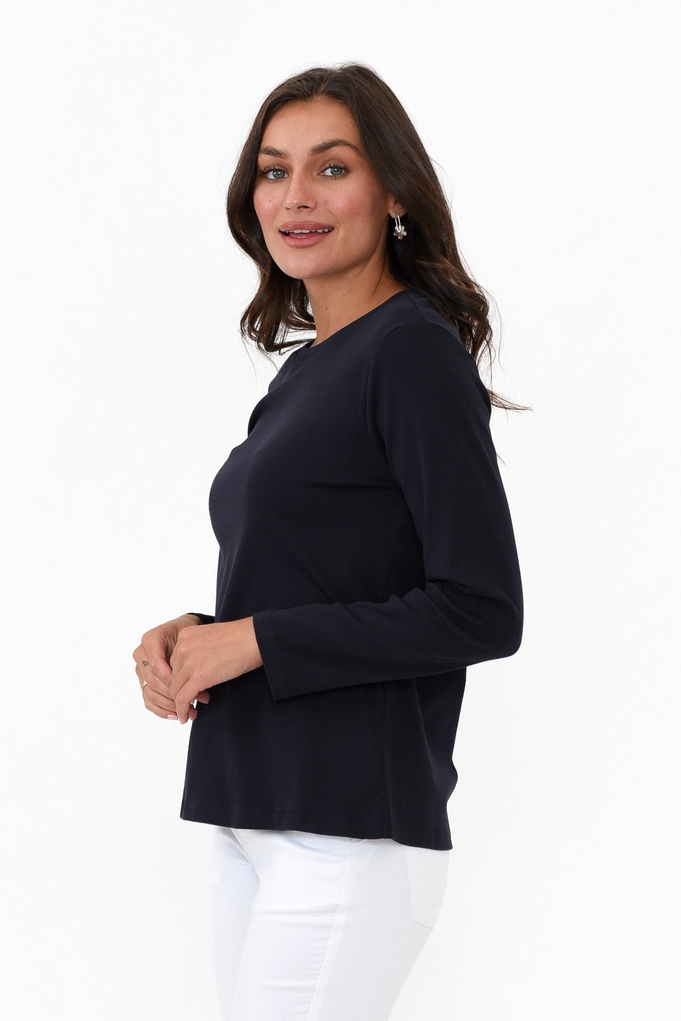 Porter Navy Cotton Long Sleeve Top