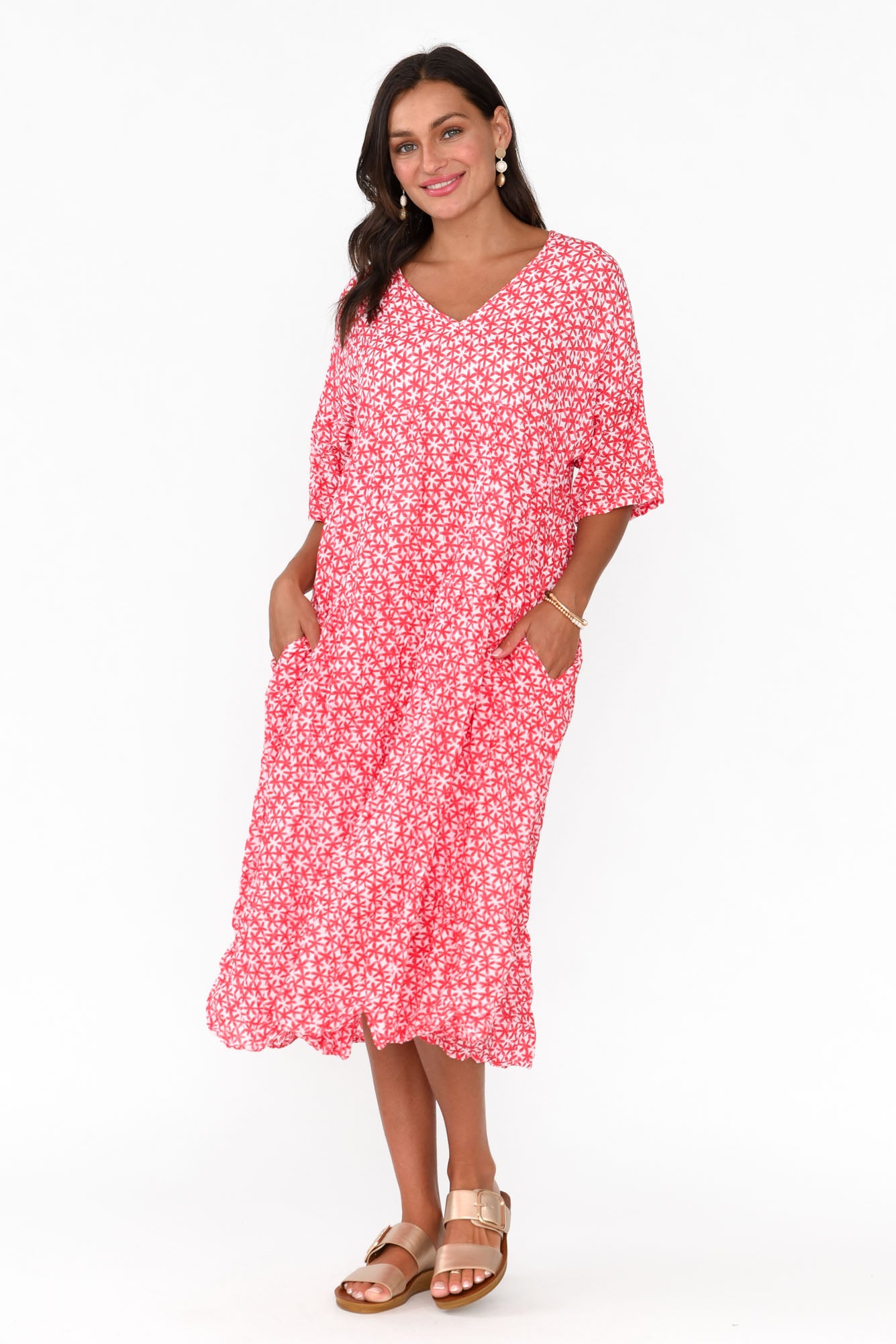 Embry Red Flower Crinkle Cotton Dress