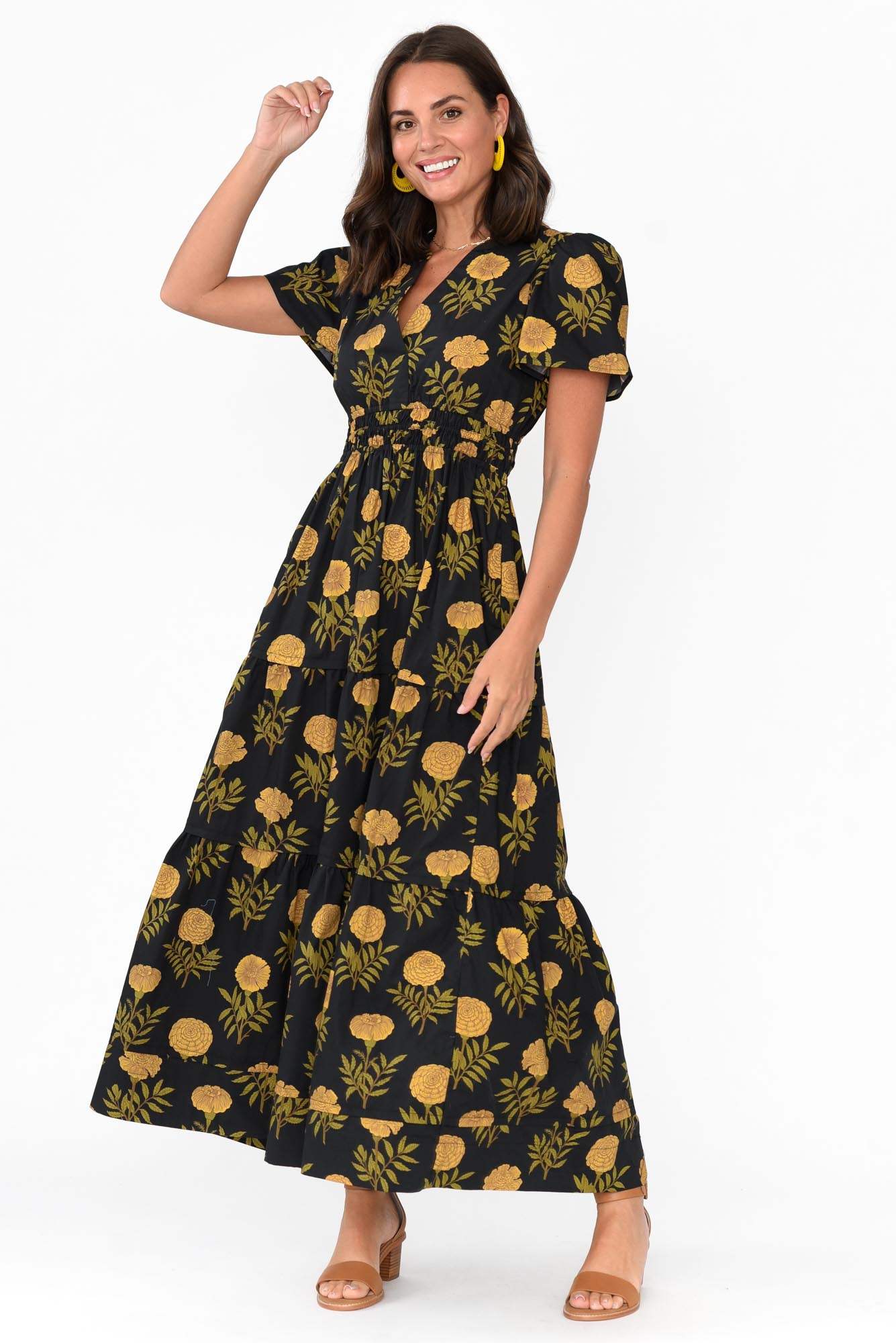 Vittoria Black Marigold Cotton Tiered Dress