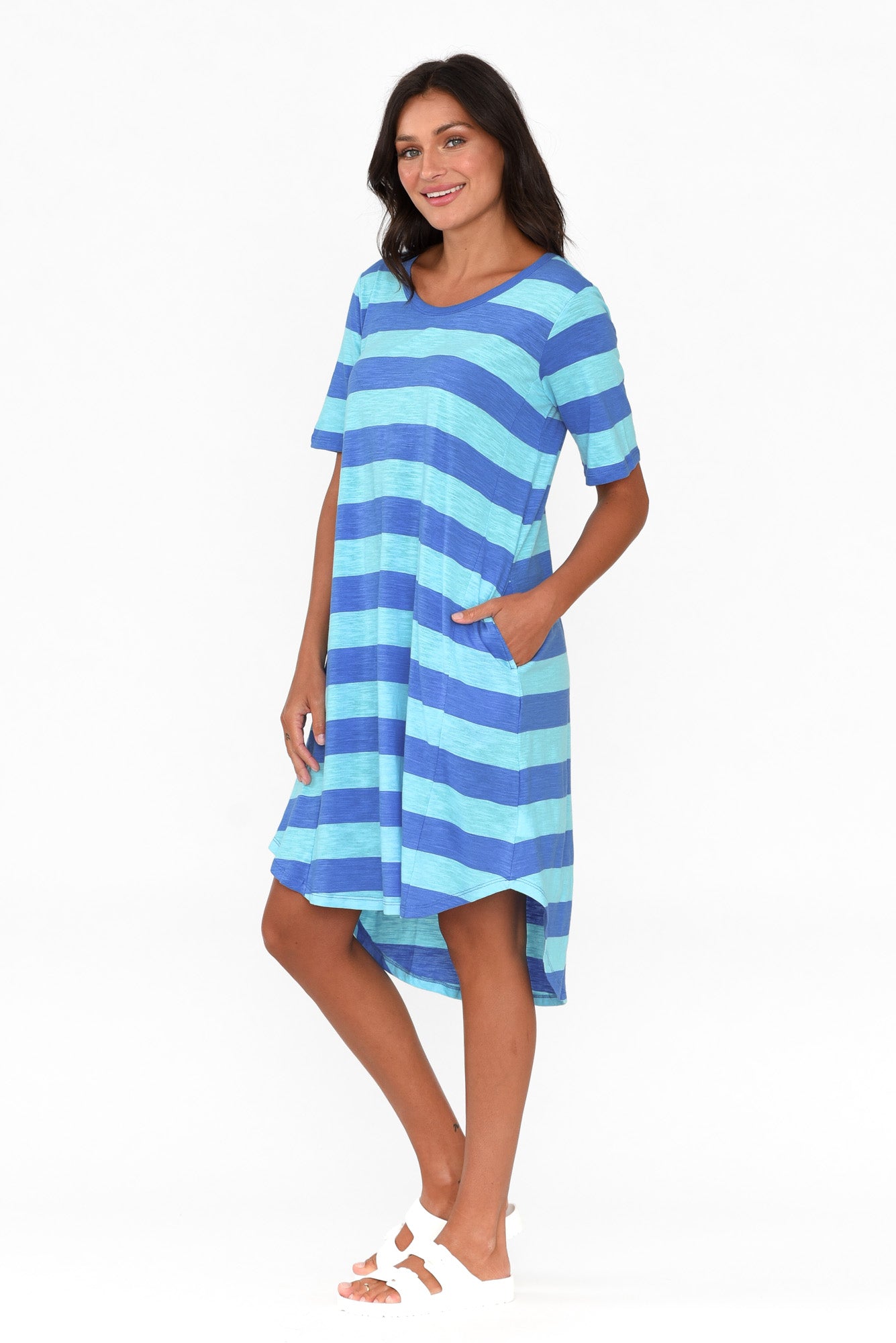 Nyree Aqua Stripe Hi Lo Cotton Dress