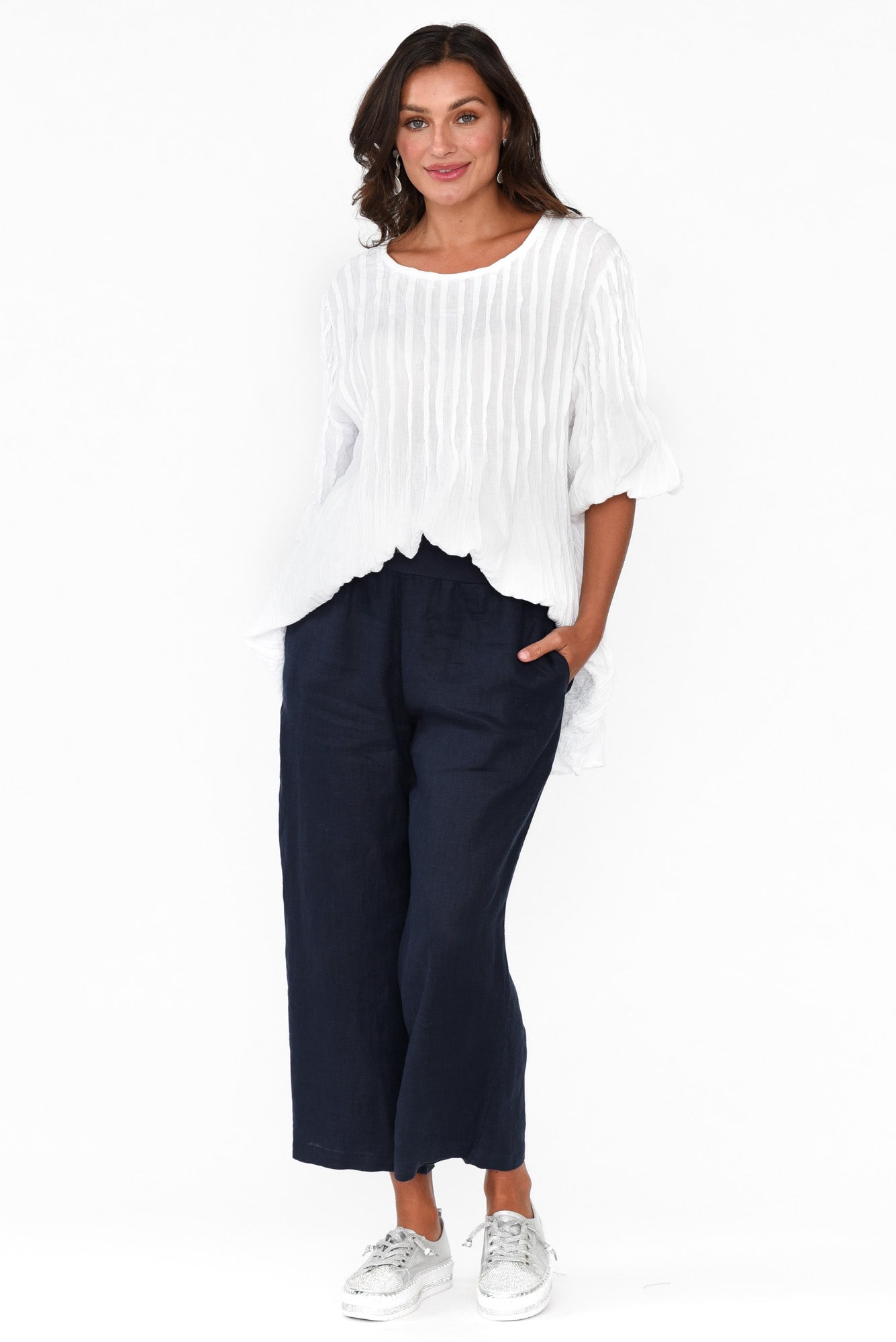 Griffin Navy Linen Wide Leg Pant