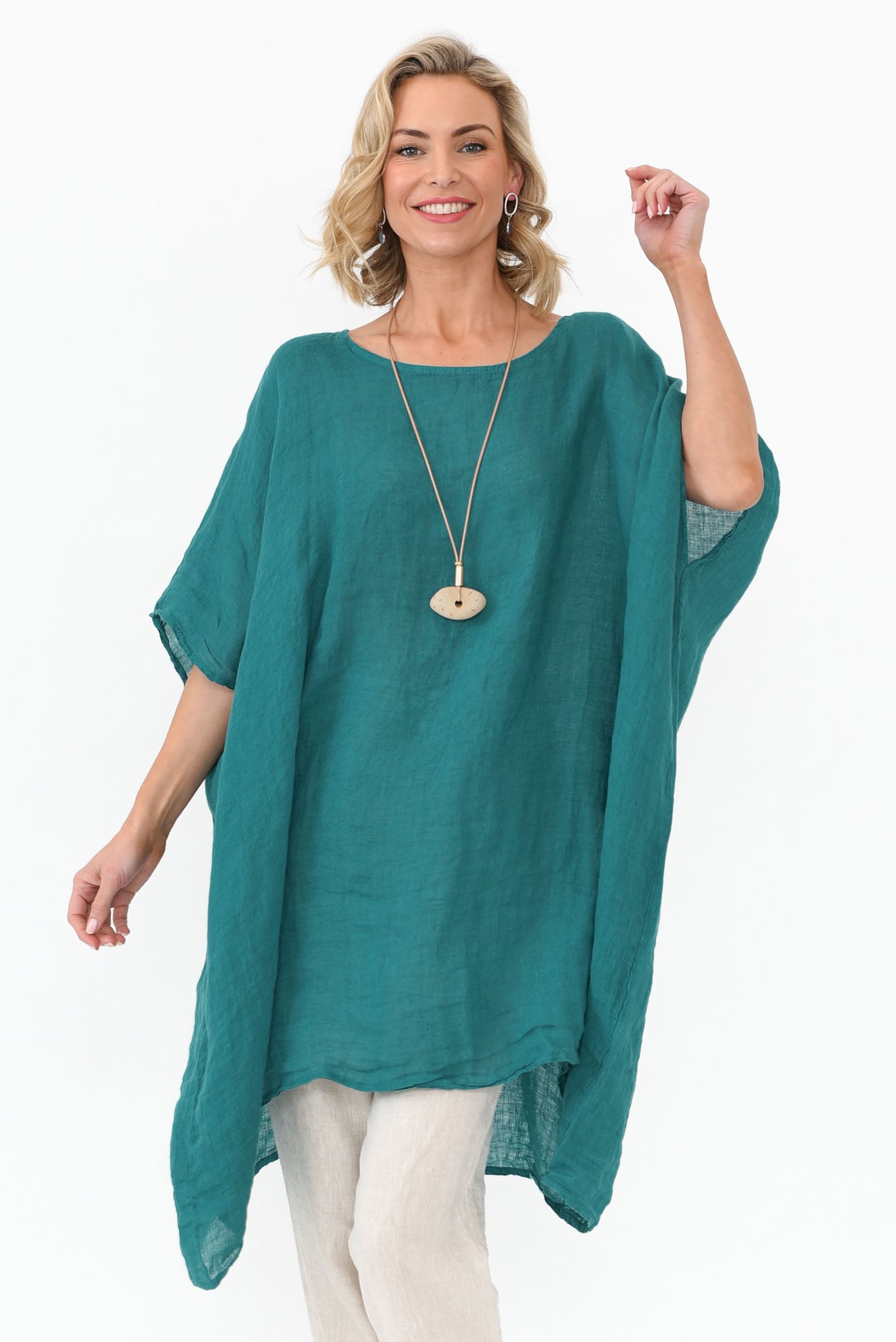 Noemi Teal Linen Kaftan Tunic