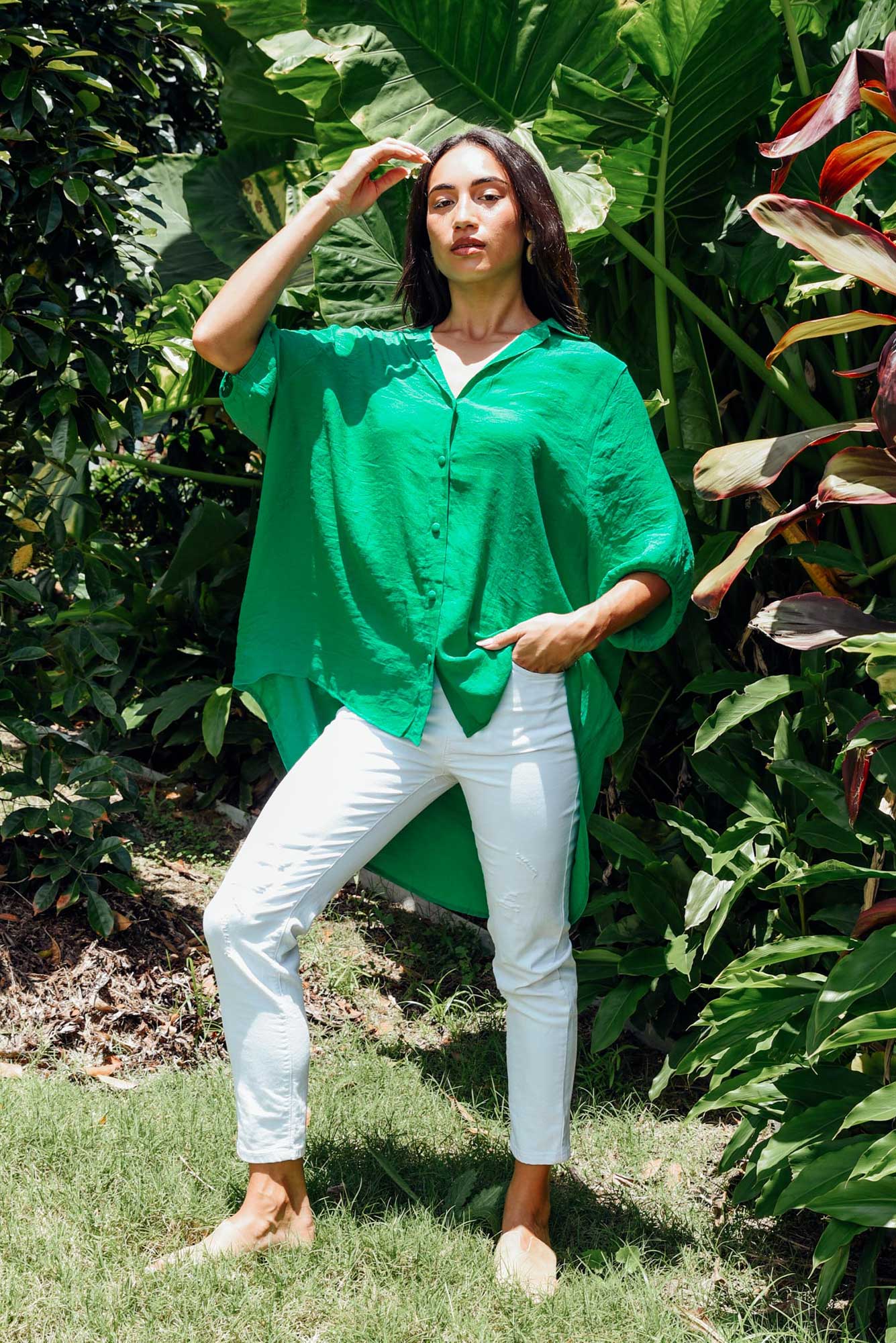 Green Cotton Blend Hi Lo Shirt