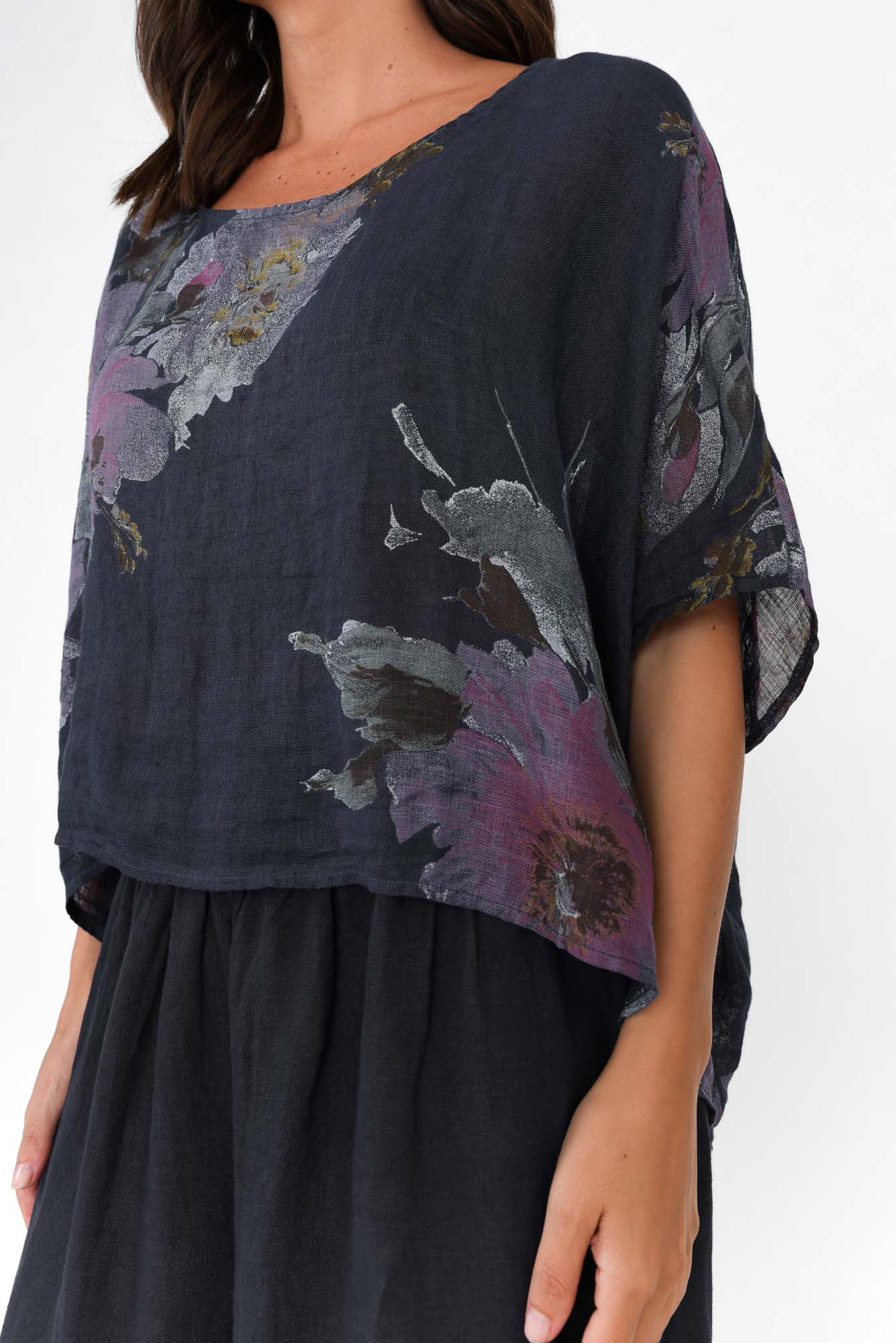 Turner Navy Floral Linen Scoop Neck Top