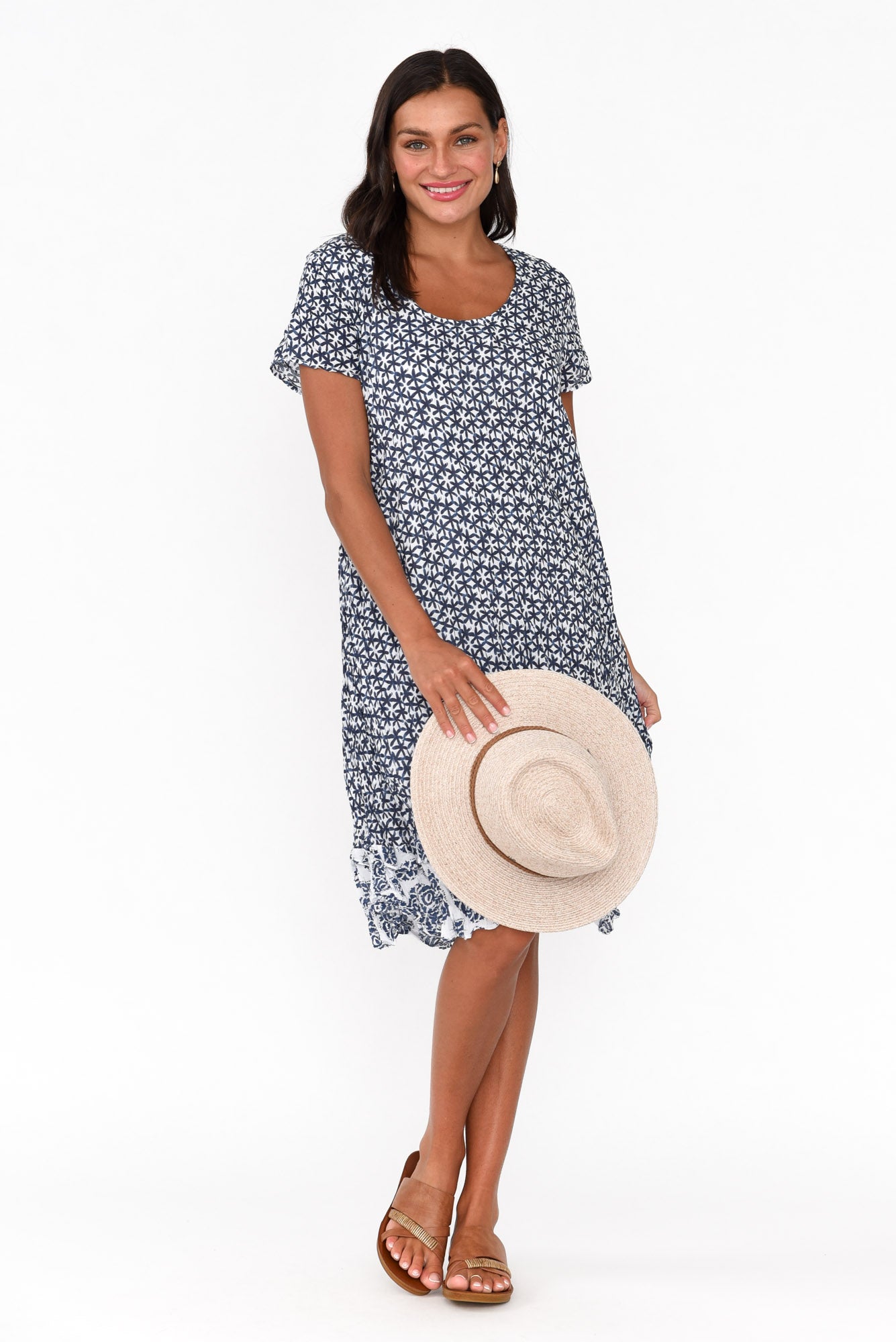 Lauren Navy Flower Crinkle Cotton Dress