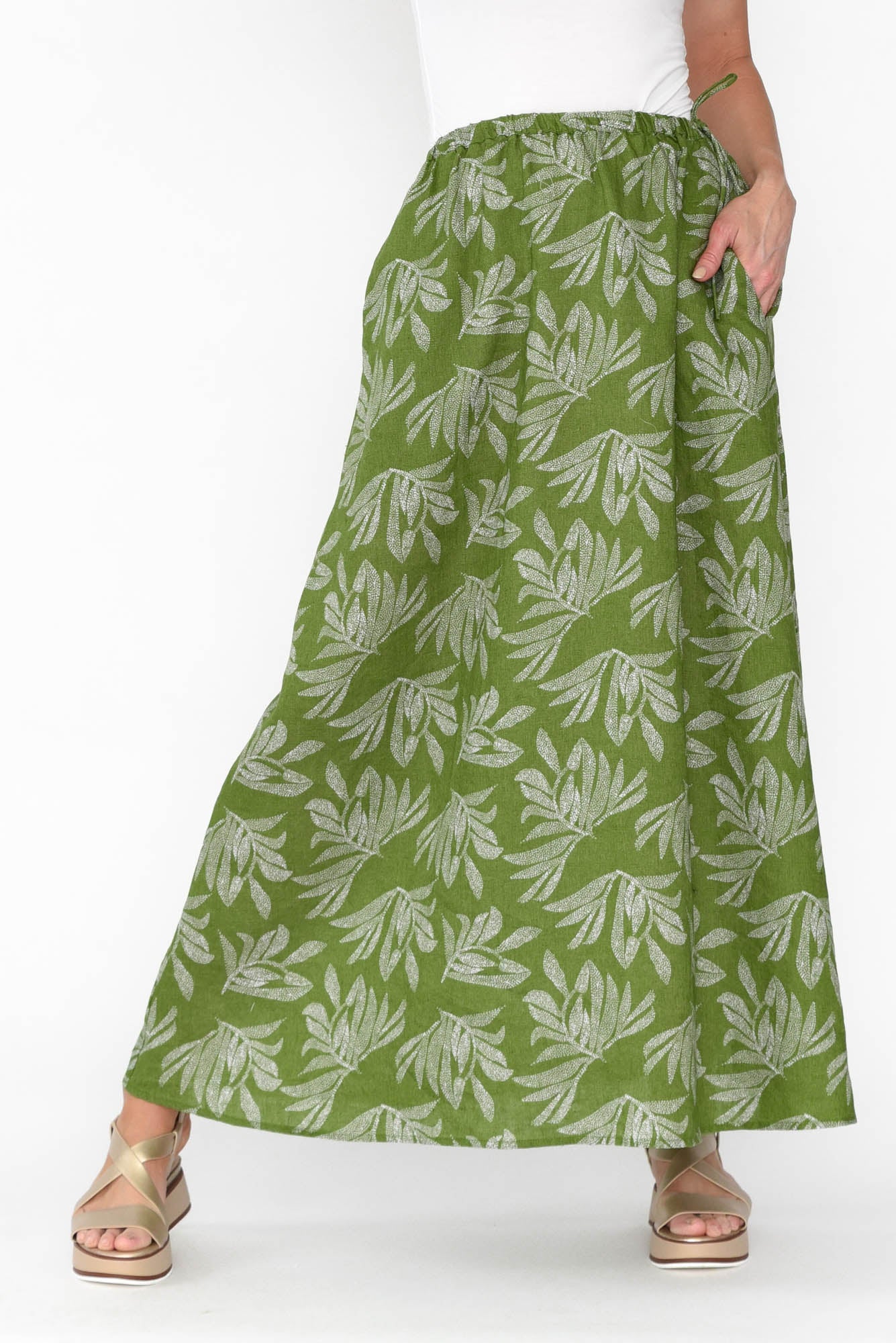 Giana Green Palm Linen Maxi Skirt