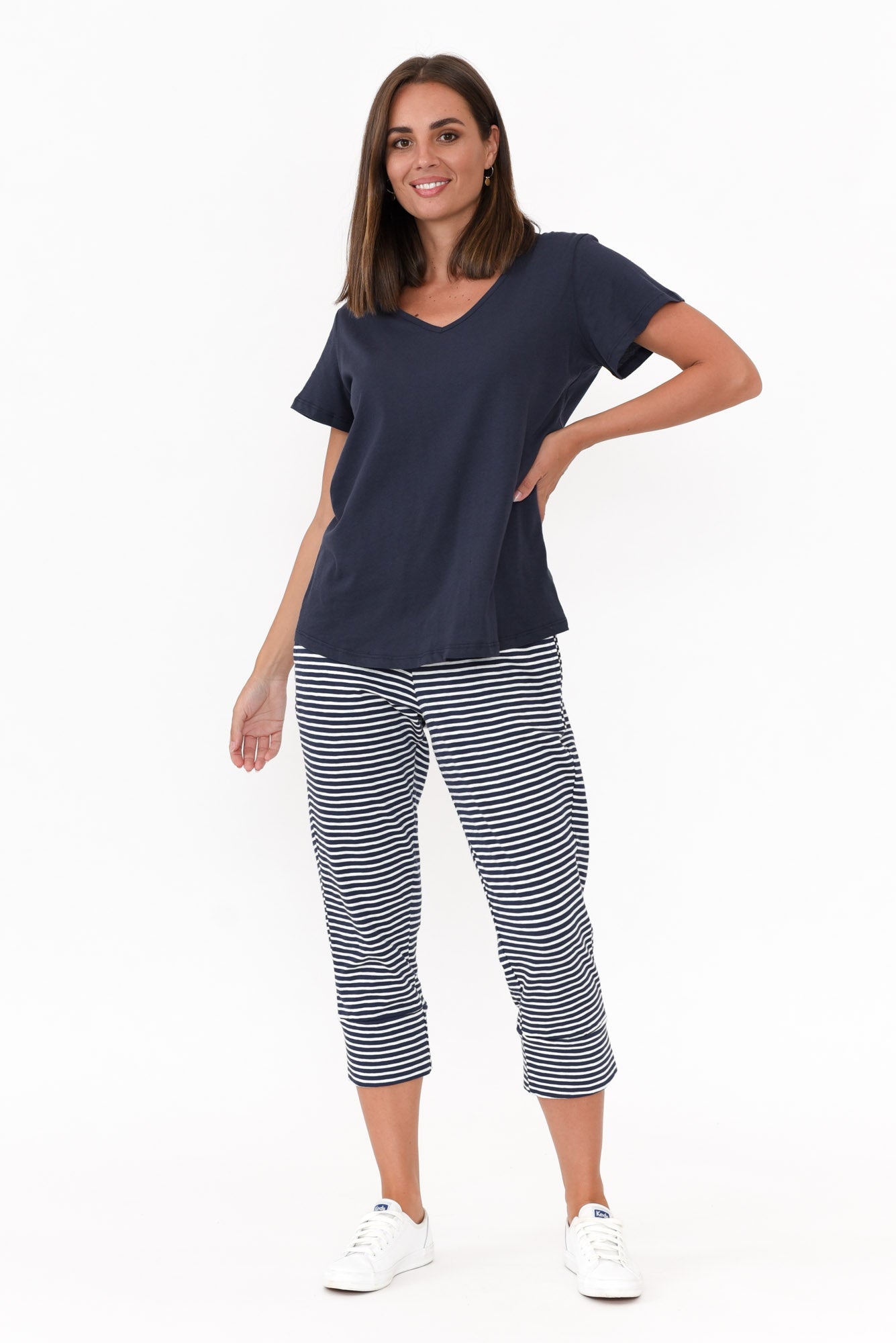 Ava Navy Cotton V Neck Tee