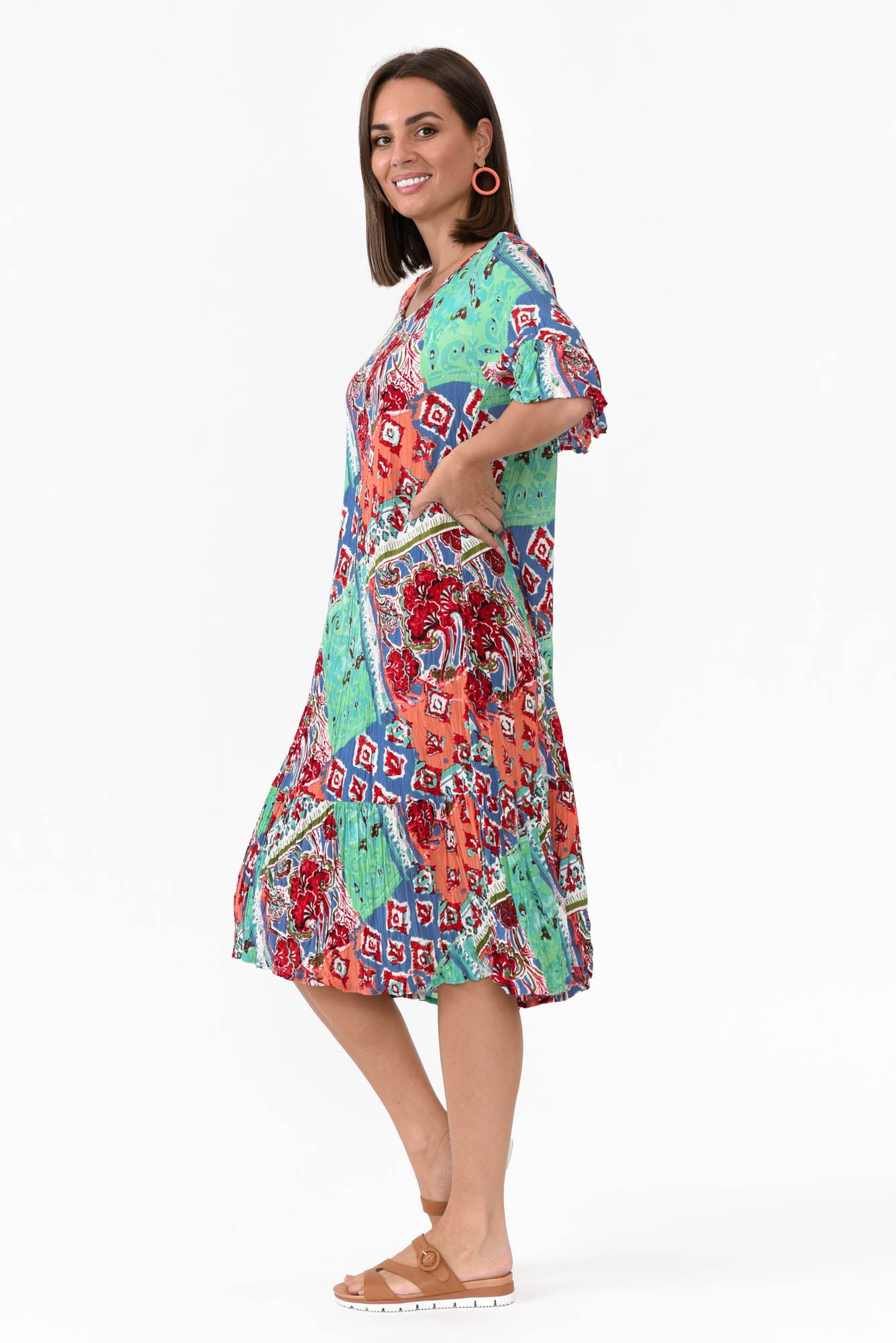 Calla Aqua Geometric Crinkle Dress
