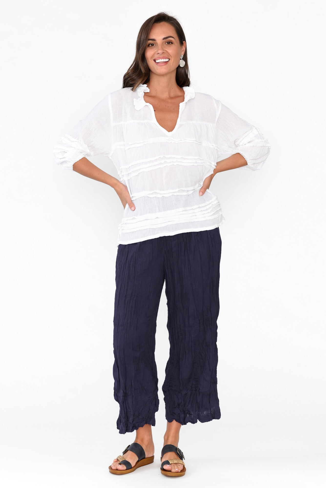 Costello Navy Crinkle Cotton Pant