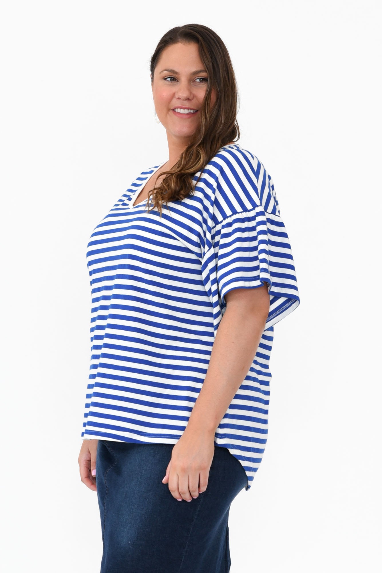 Alessia Blue Stripe Cotton Frill Top