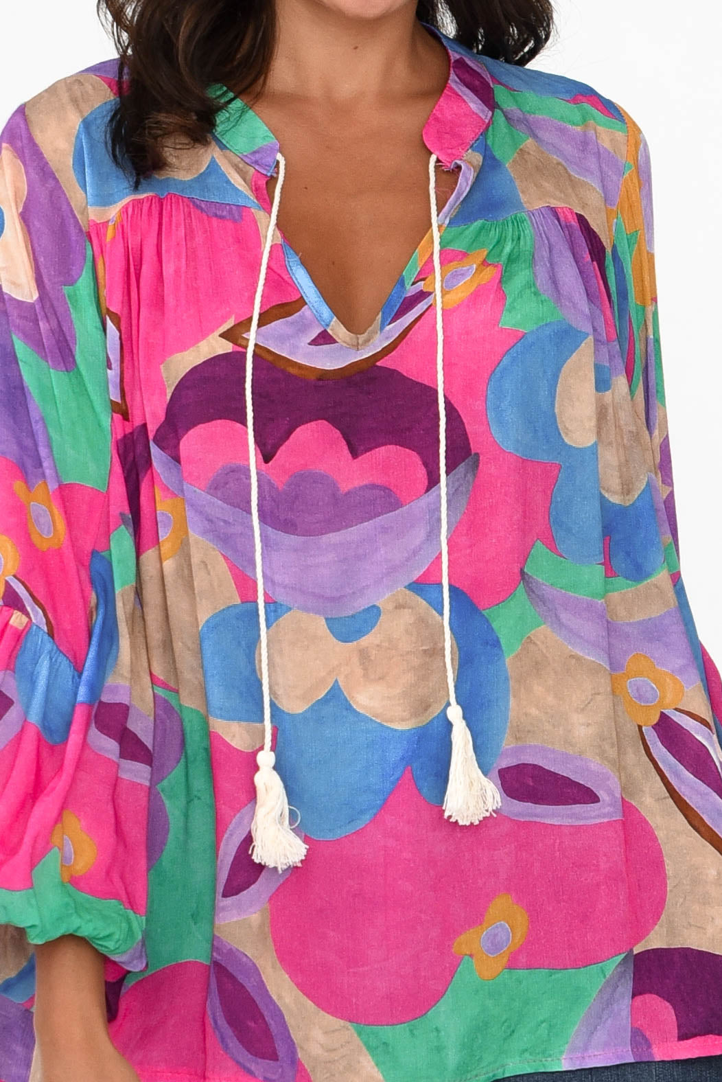 Althea Pink Abstract V Neck Top