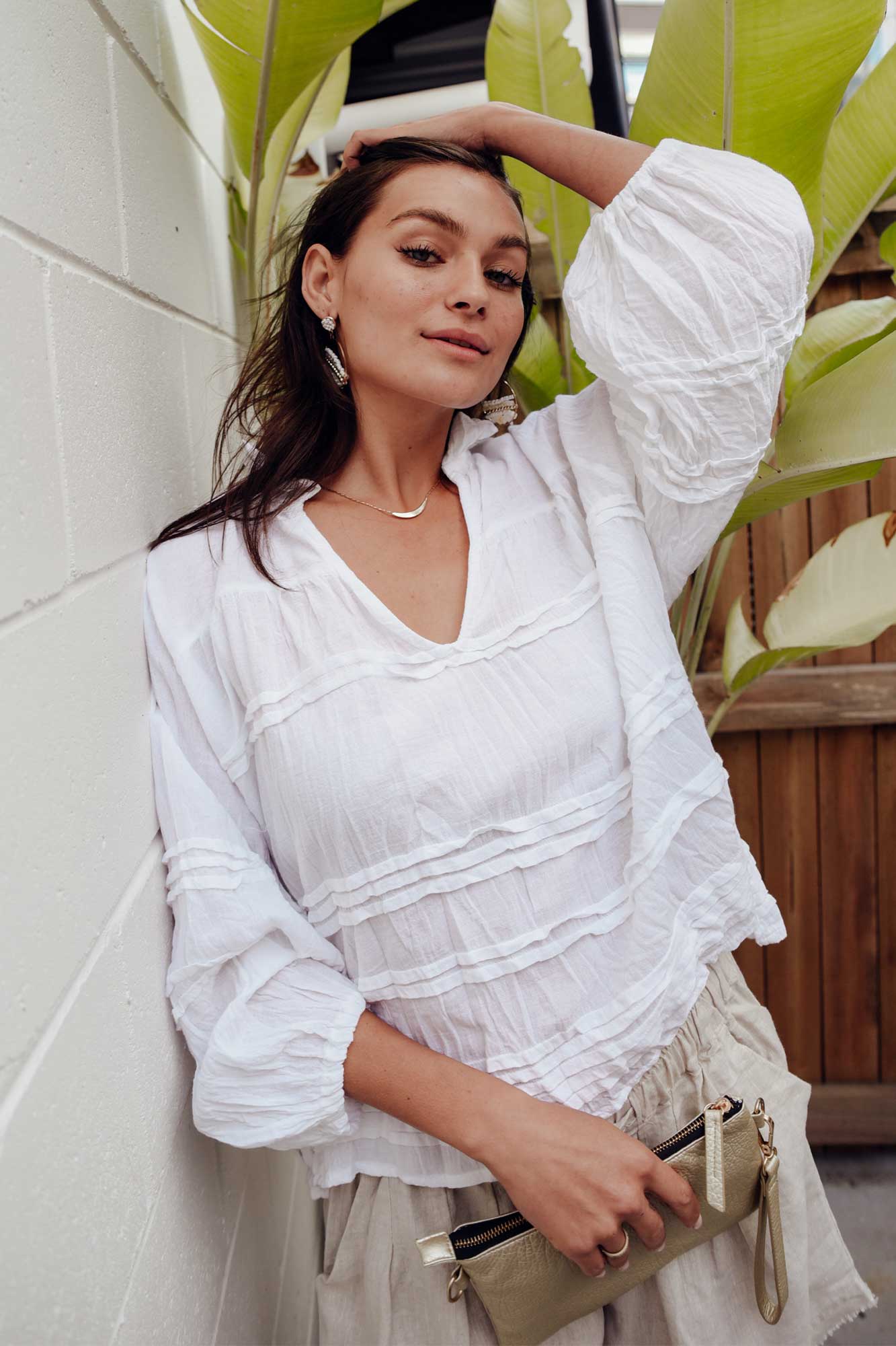 Palmer White Cotton Long Sleeve Top