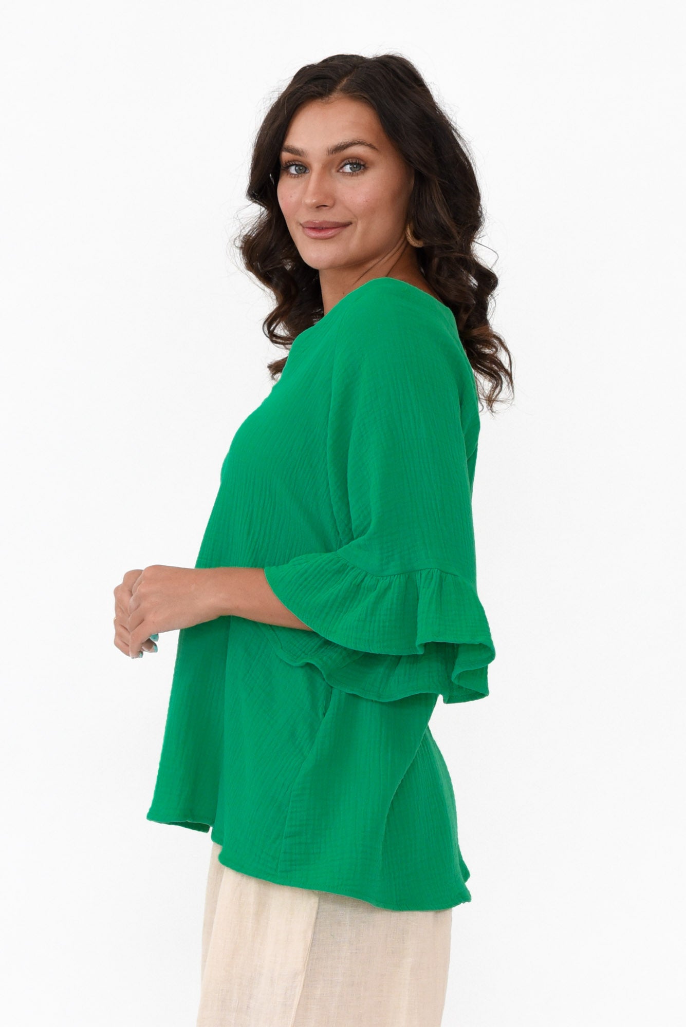 Corey Green Crinkle Cotton Frill Top