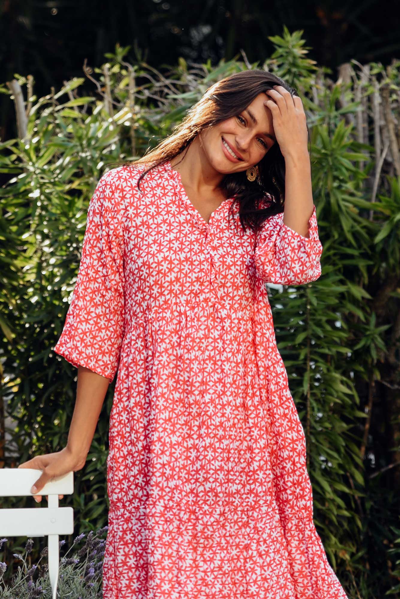Anniston Red Flower Cotton Tiered Dress