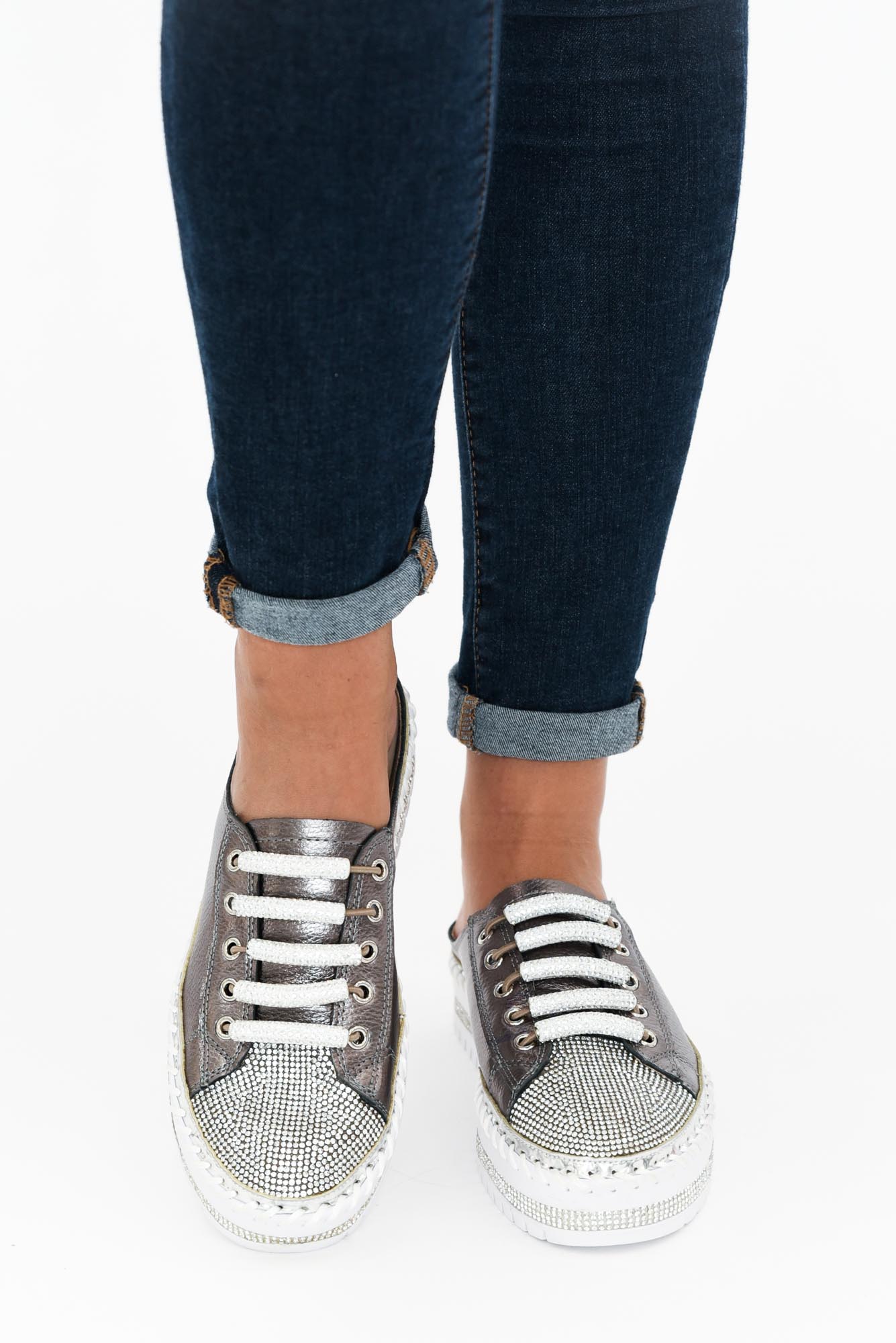 Dawson Charcoal Leather Diamante Mule Sneaker