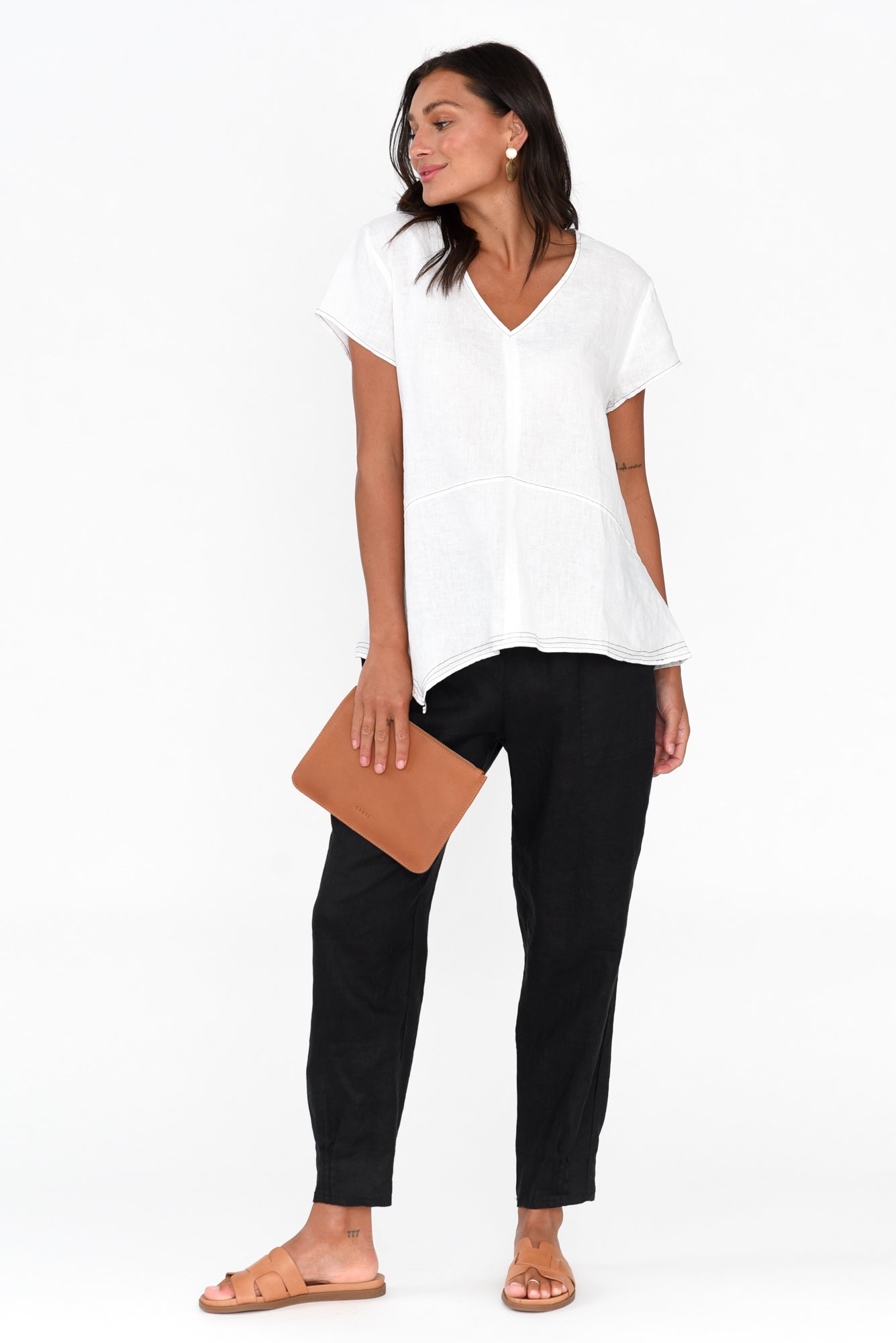 Lindy White Linen V Neck Top