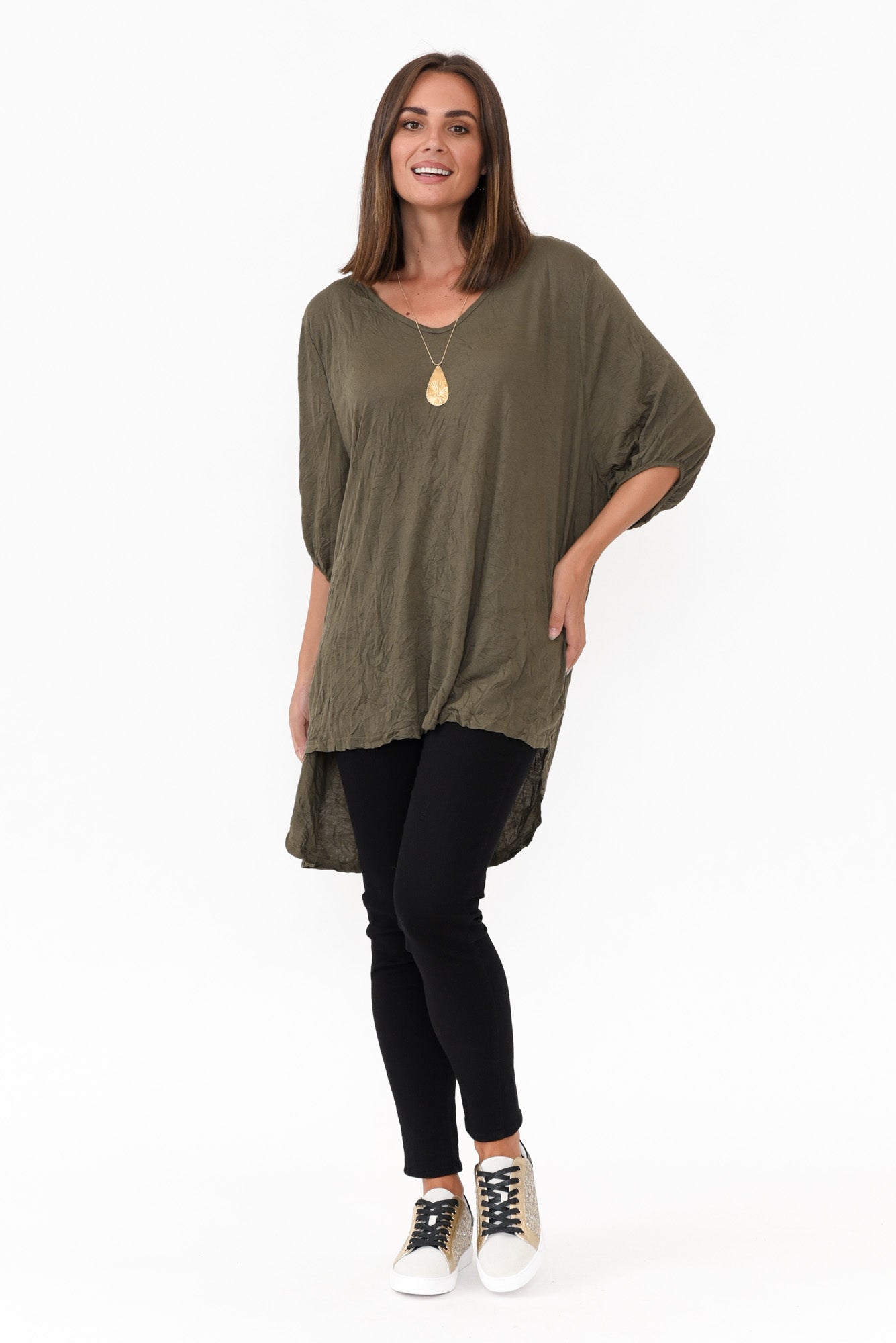 Agnes Khaki Crinkle Cotton Hi Lo Top